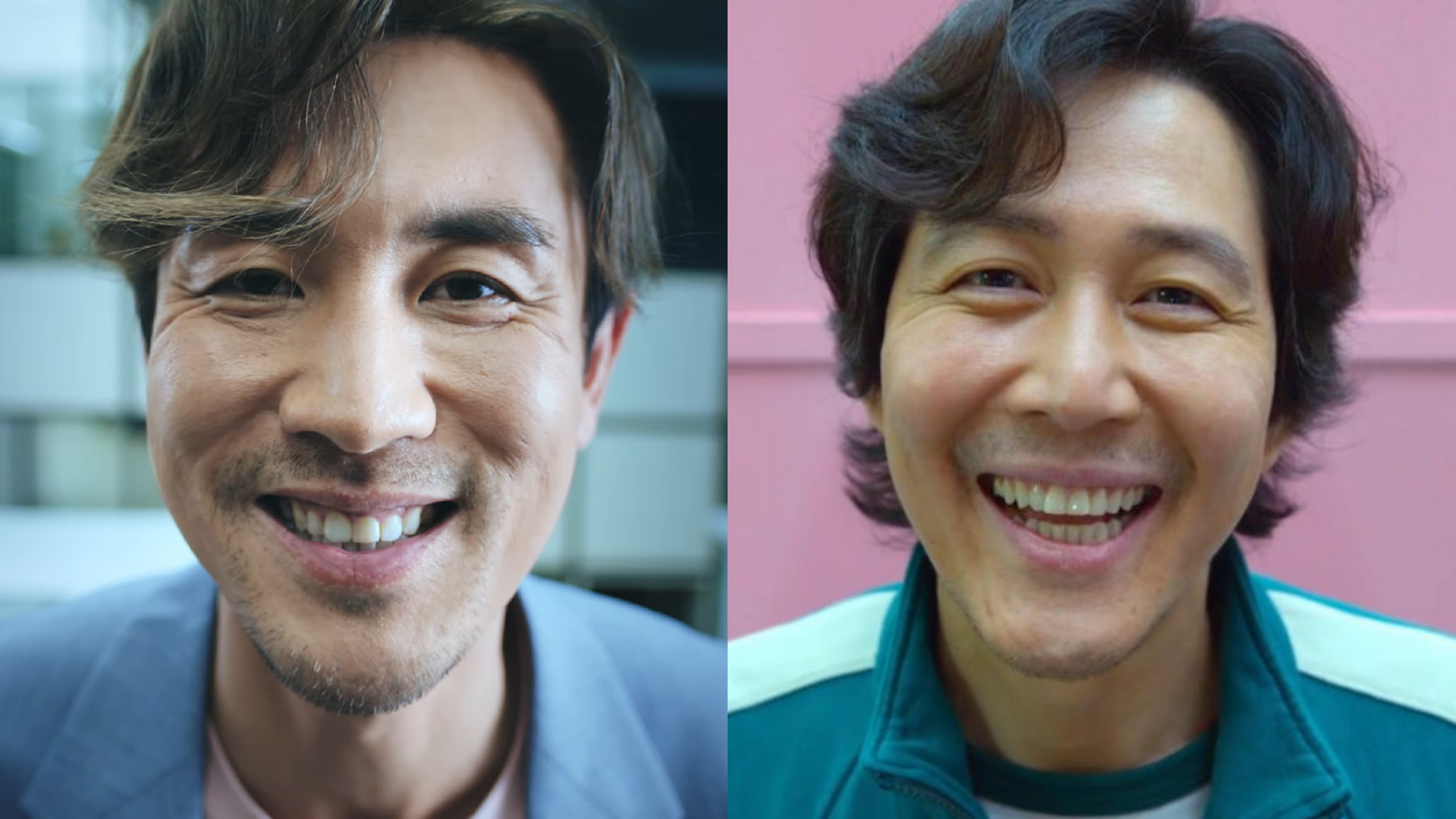 譚俊彥扮李政宰望鏡頭露齒笑的場面。（影片截圖、《魷魚遊戲》劇照）