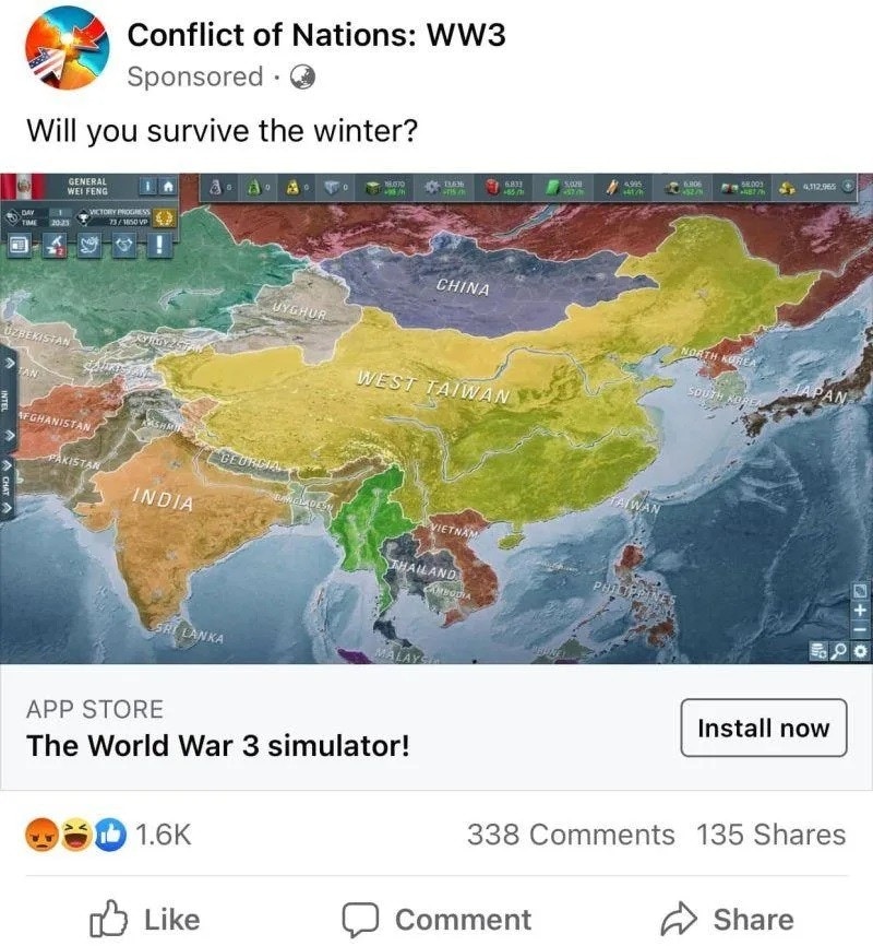 德国游戏开发商Bytro在Facebook打广告时，在游戏地图中将中国大陆标明为「西台湾」。