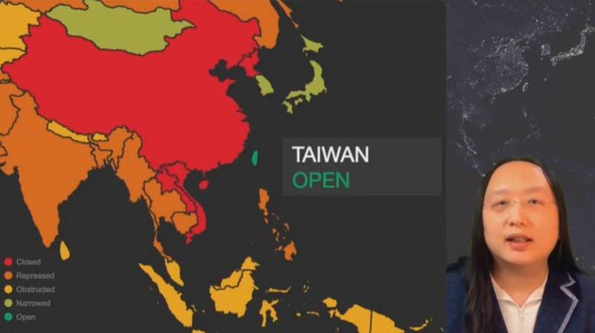 美國「民主峰會」於12月10日進行第二天議程，台灣行政院政務委員唐鳳受邀參與討論，其簡報的一張圖片，將台灣與中國大陸標示為不一樣的顏色，引發美國官員震驚。（HK01）