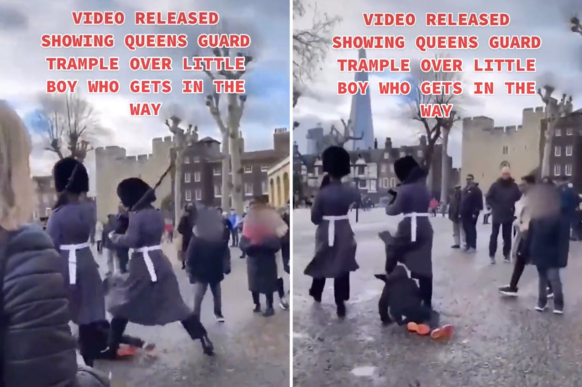 圖為網民上載12月29日男童在英國倫敦塔外被皇家衛隊成員撞跌的影片截圖。（@brittoker）