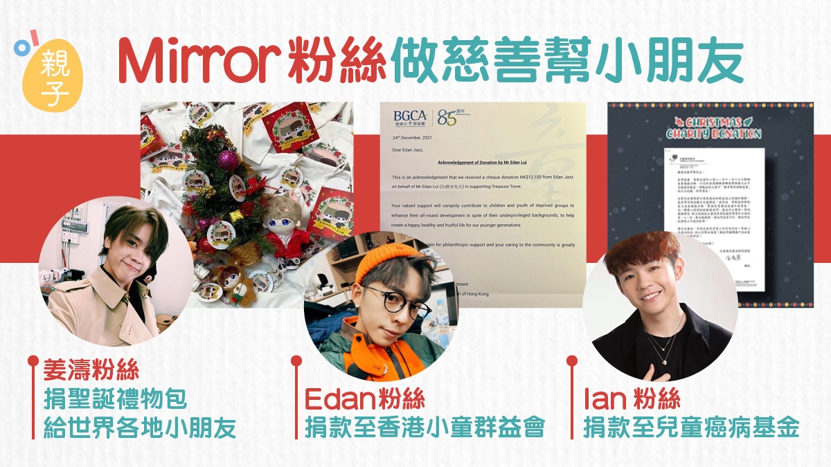 Mirror3位成員姜濤、呂爵安、陳卓賢粉絲　捐款予不同機構助兒童