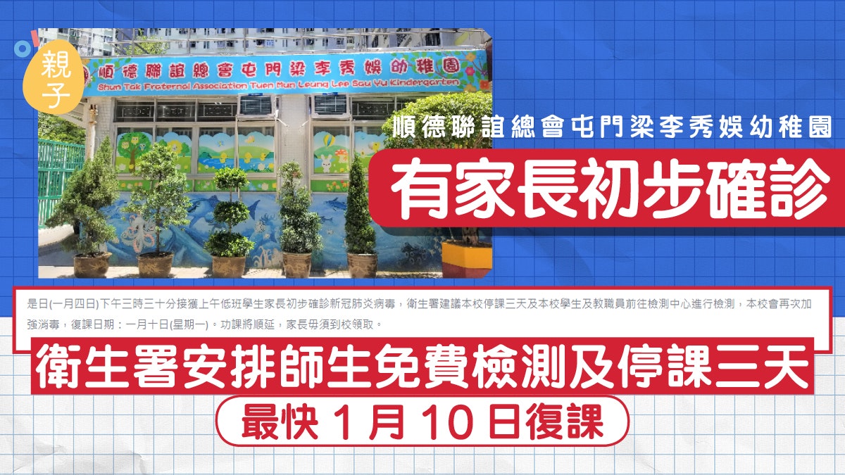 Omicron|屯門梁李秀娛幼稚園有家長初步確診 停課三天全校檢測 Omicron|屯門梁李秀娛幼稚園有家長初步確診 停課三天全校檢測