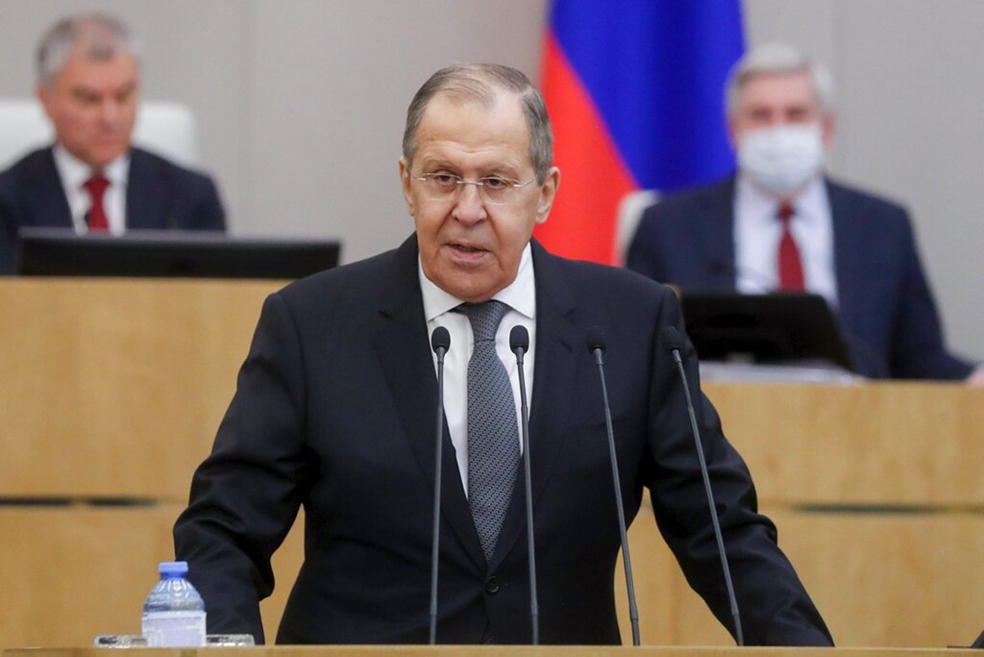 The picture shows Russian Foreign Minister Sergei Lavrov speaking at the State Duma in Moscow.