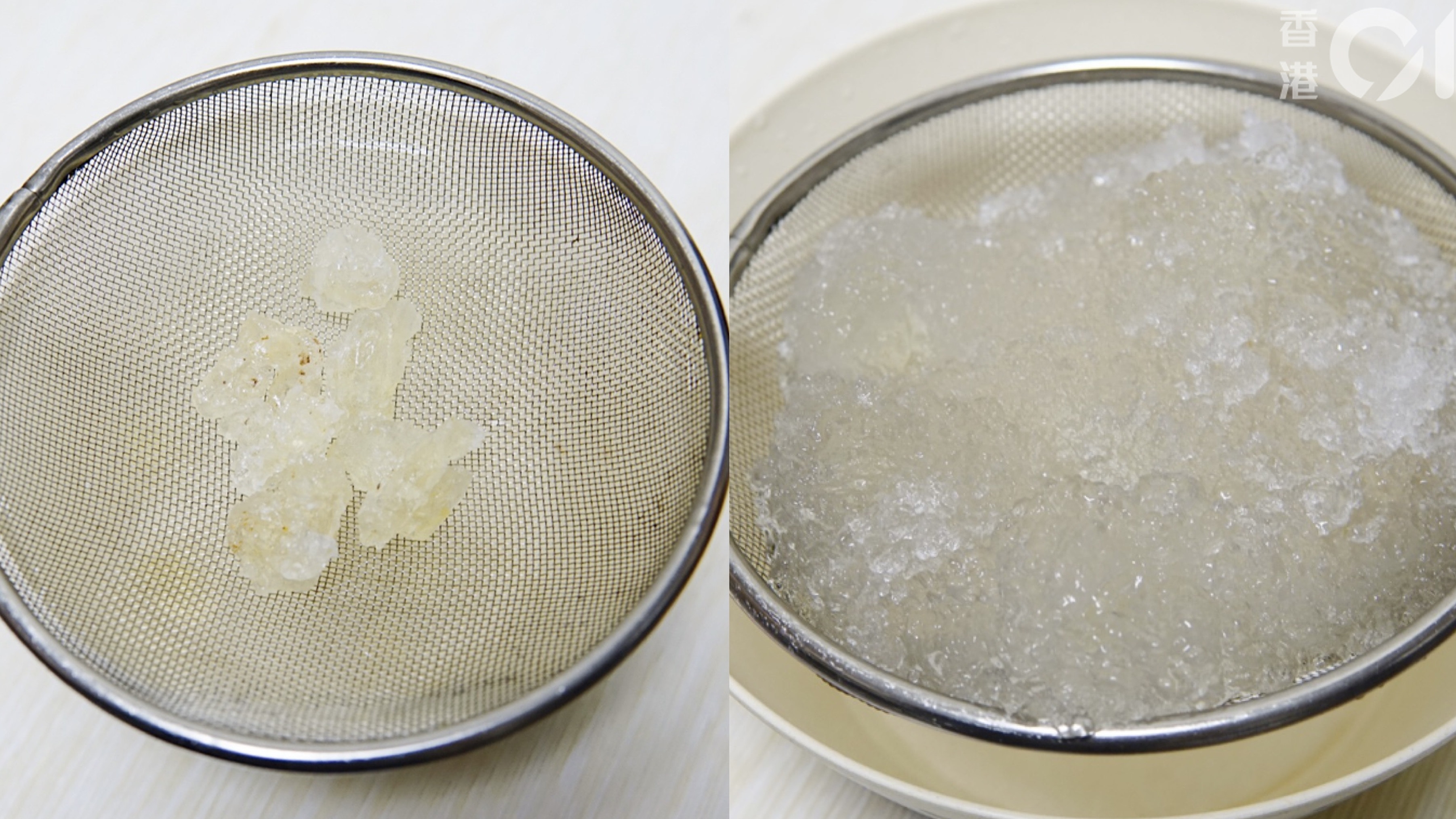 左邊是雪燕浸發前的樣子，只有幾粒，大小像冰糖；右邊是同等分量浸發後的樣子，脹大了許多倍。