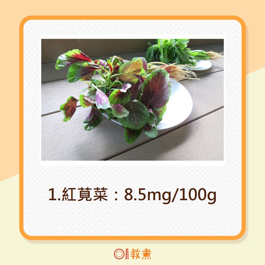 1.紅莧菜：8.5mg/100g（資料圖片）