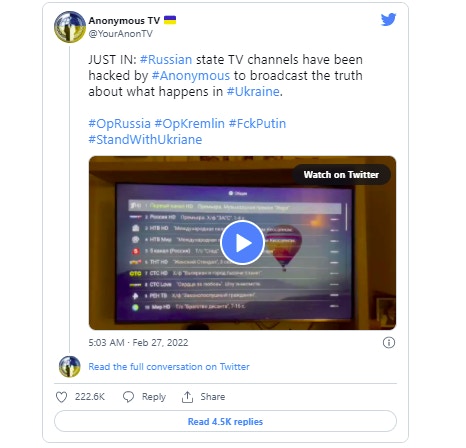 黑客組織匿名者出手俄羅斯官媒「被惡搞」播烏克蘭愛國歌曲