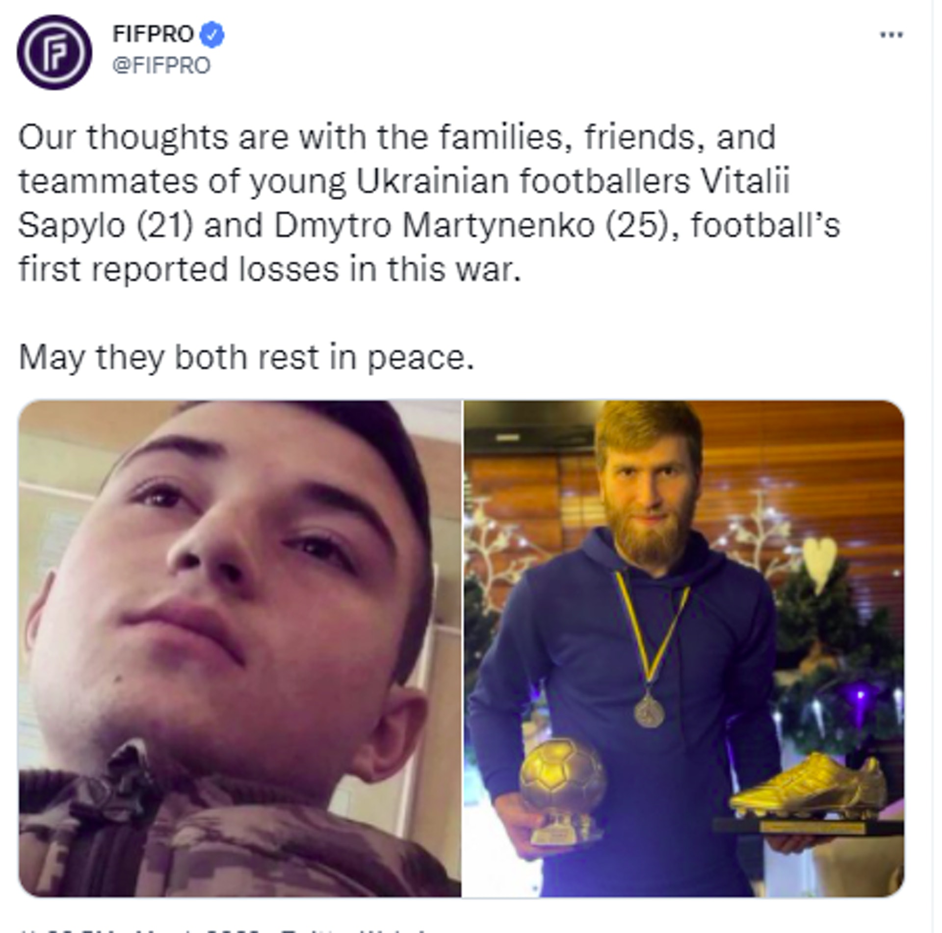 國際職業足球員協會(FIFPRO)在Twitter公布兩名年輕足球員在烏克蘭戰爭中死亡。(Twitter) 國際職業足球員協會(FIFPRO)在Twitter公布兩名年輕足球員在烏克蘭戰爭中死亡。(Twitter)