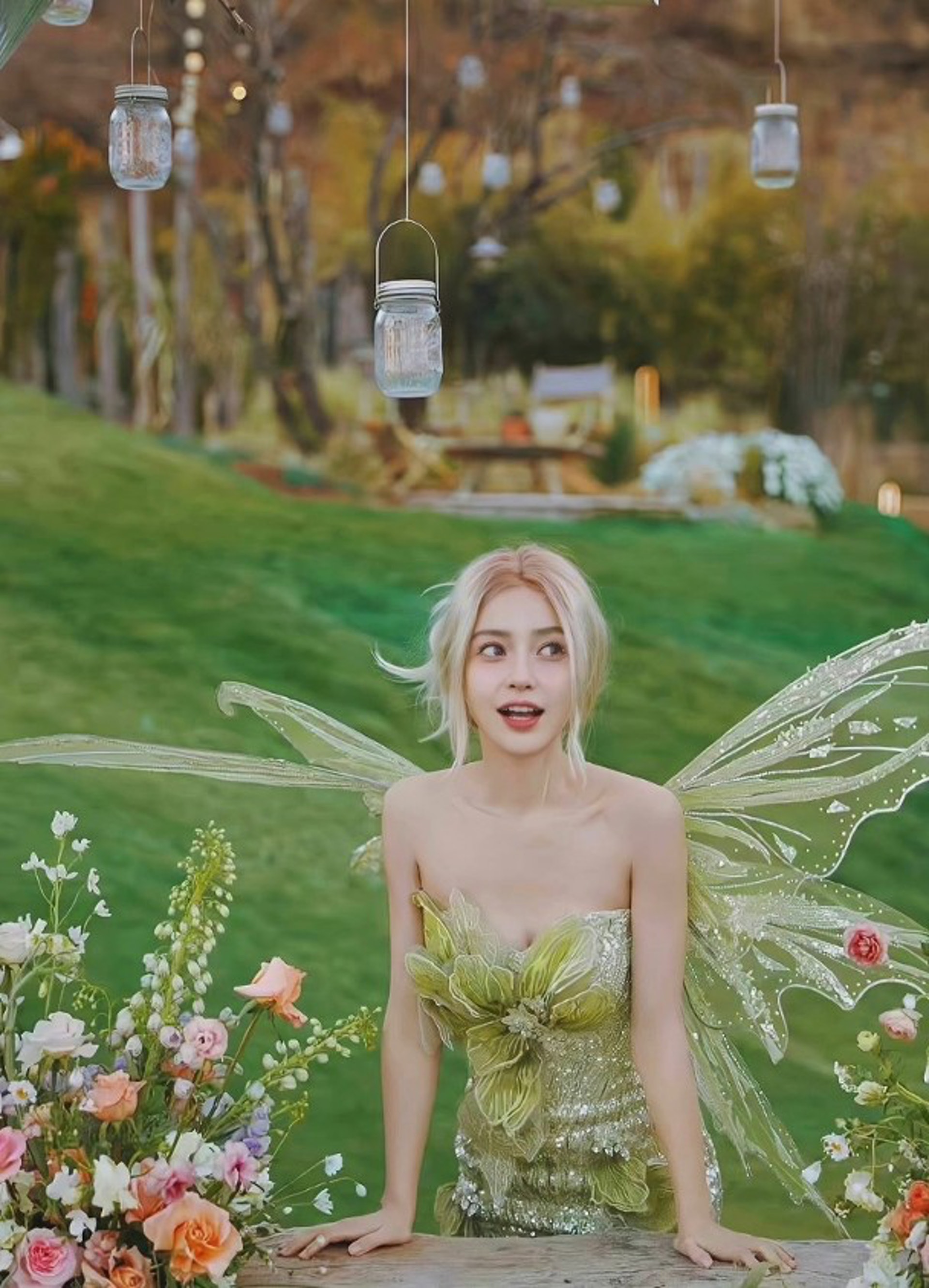 Angelababy換上奇妙仙子(Tinkerbell)的精靈cosplay造型。(微博圖片) Angelababy換上奇妙仙子(Tinkerbell)的精靈cosplay造型。(微博圖片)