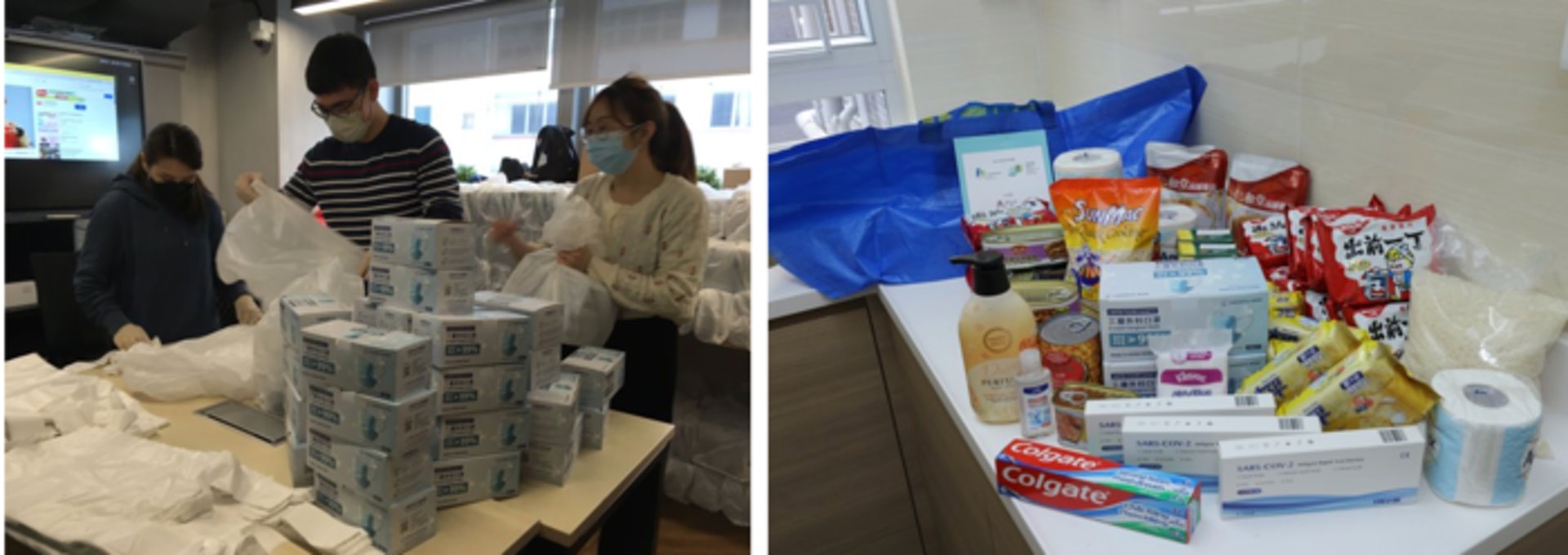 市建局和東華三院合作採購應急物資,由東華團隊負責分配及包裝約600個抗疫物資包(右圖),每個物資包包括食物和快速測試套裝等。(市建局提供) 市建局和東華三院合作採購應急物資,由東華團隊負責分配及包裝約600個抗疫物資包(右圖),每個物資包包括食物和快速測試套裝等。(市建局提供)