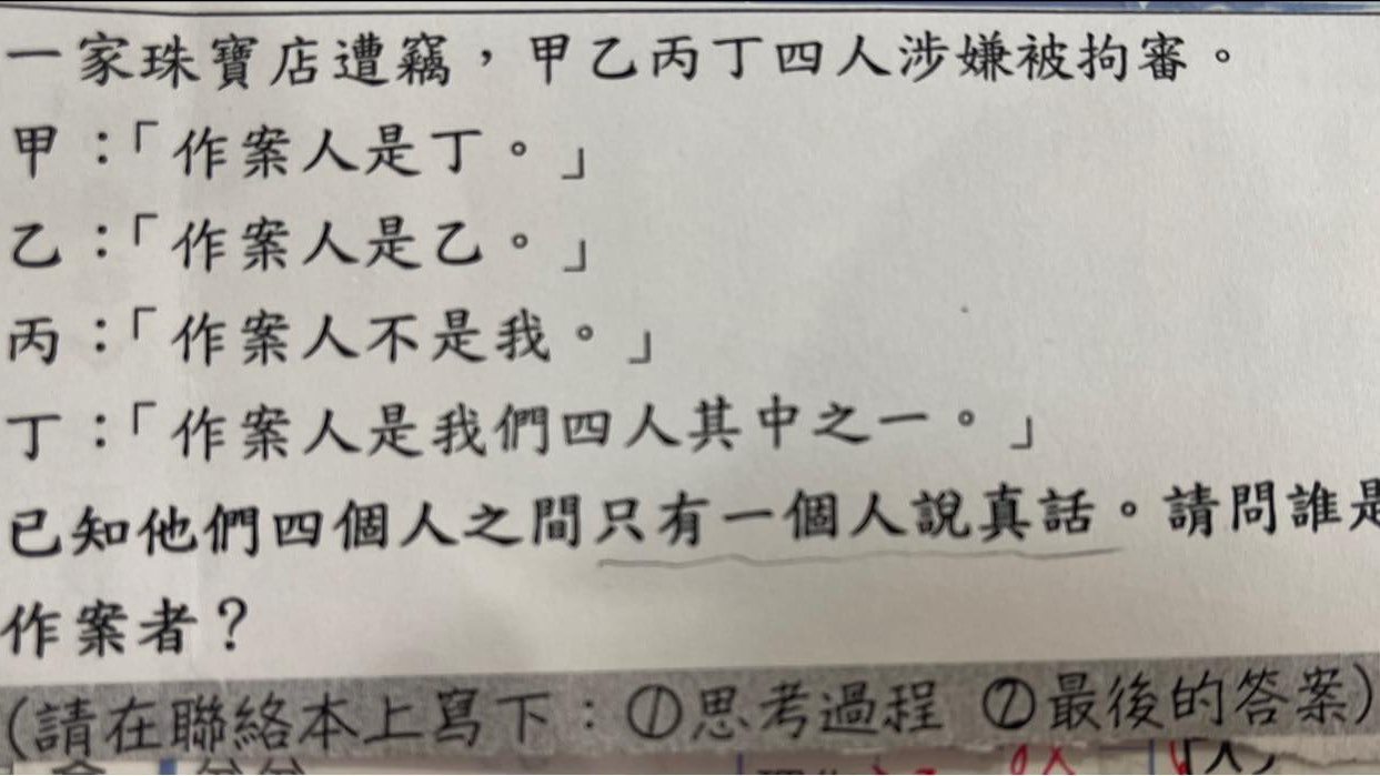 台灣功課極燒腦!甲乙丙丁「誰是犯人」考你邏輯 網民直接放棄 台灣功課極燒腦!甲乙丙丁「誰是犯人」考你邏輯 網民直接放棄