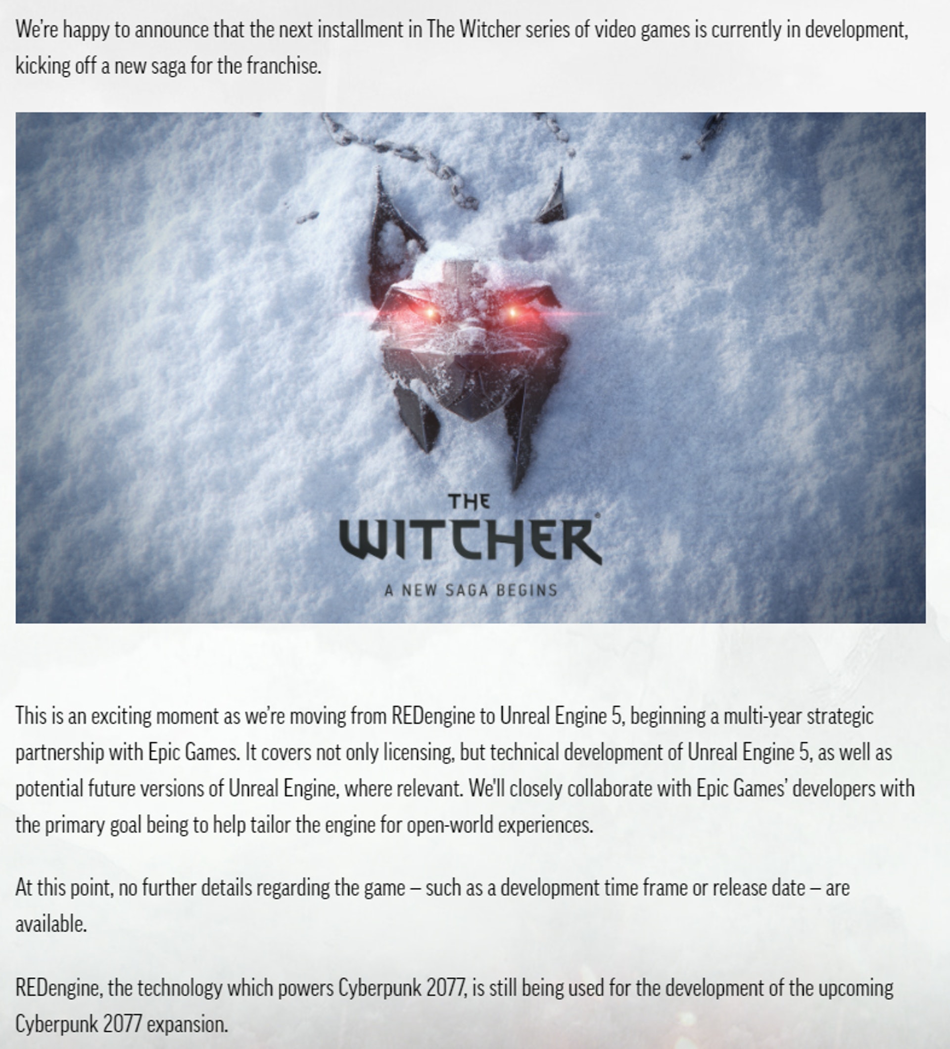 CDPR 宣佈與 Epic Games 戰略合作,以 Unreal Engine 5 開發《巫師》系列新作。(twitter@witchergame) CDPR 宣佈與 Epic Games 戰略合作,以 Unreal Engine 5 開發《巫師》系列新作。(twitter@witchergame)