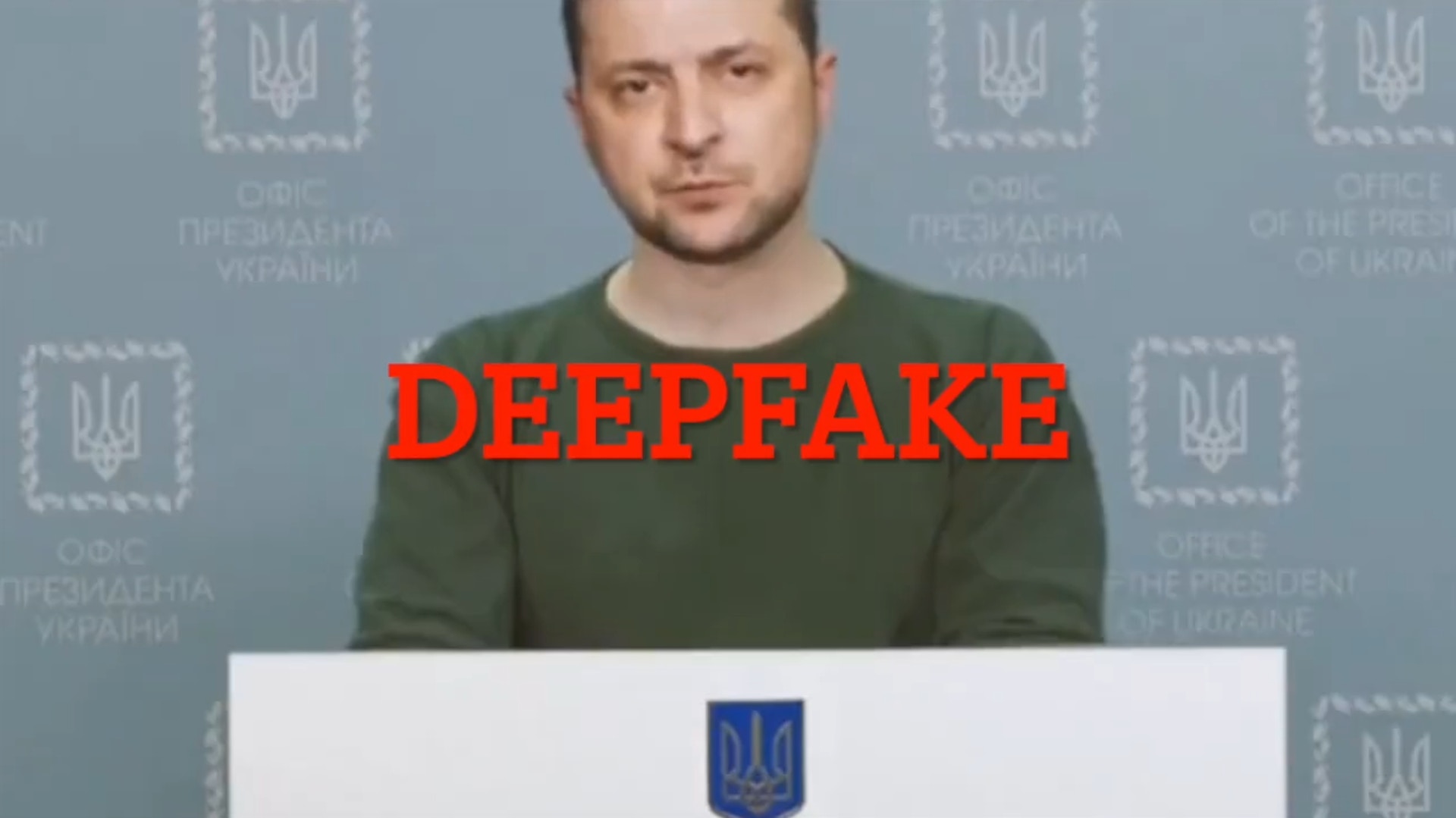 烏俄戰爭持續，社交媒體上流傳一段質素差劣的Deepfake，內容為烏克蘭總統澤連斯基呼籲國民放下武器。（Twitter截圖）