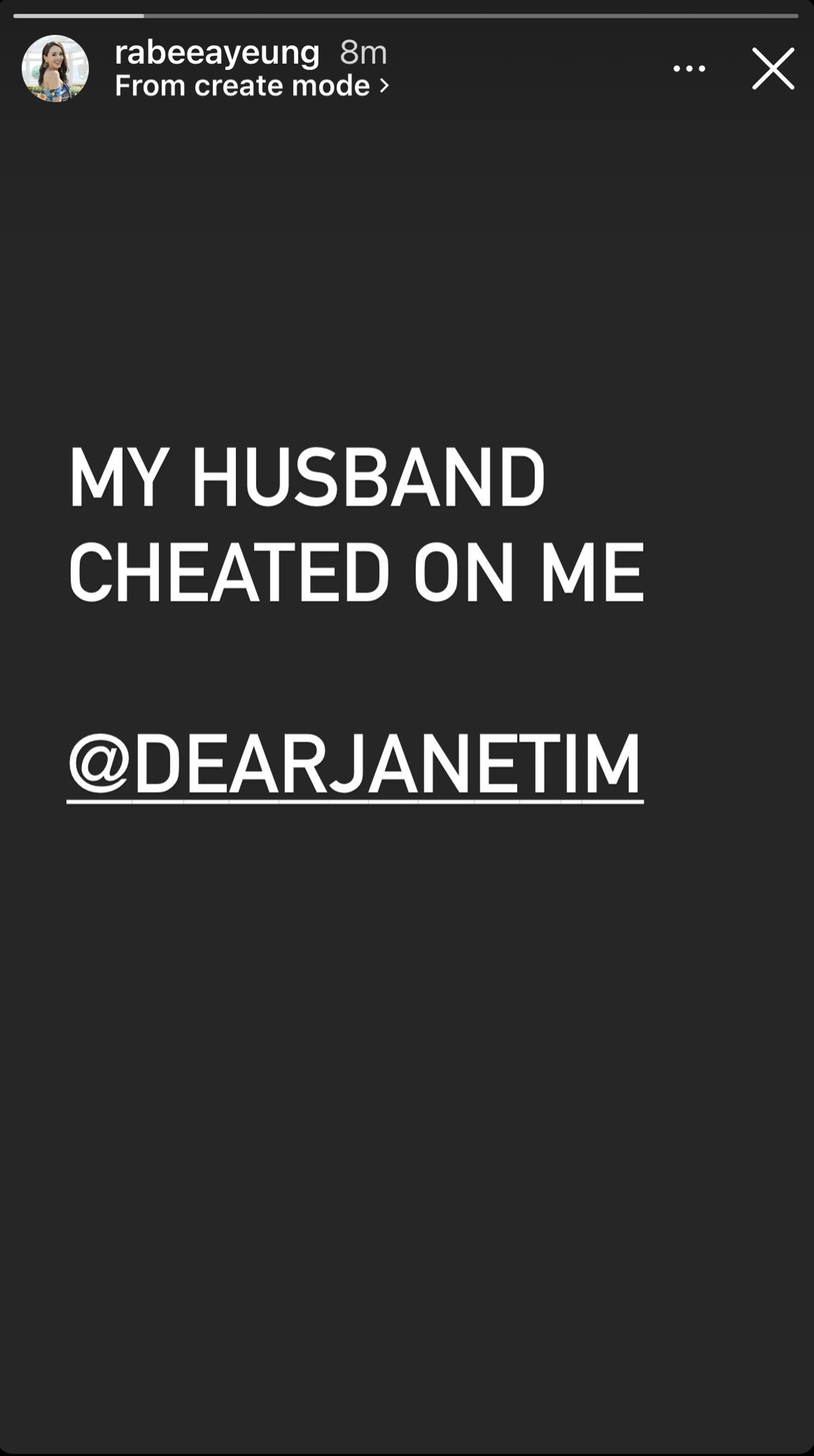 楊洛婷深夜爆料指控Dear Jane主音老公Tim「不忠/偷食」,及後她將相關IG動態刪除。(Instagram/@rabeeayeung) 楊洛婷深夜爆料指控Dear Jane主音老公Tim「不忠/偷食」,及後她將相關IG動態刪除。(Instagram/@rabeeayeung)