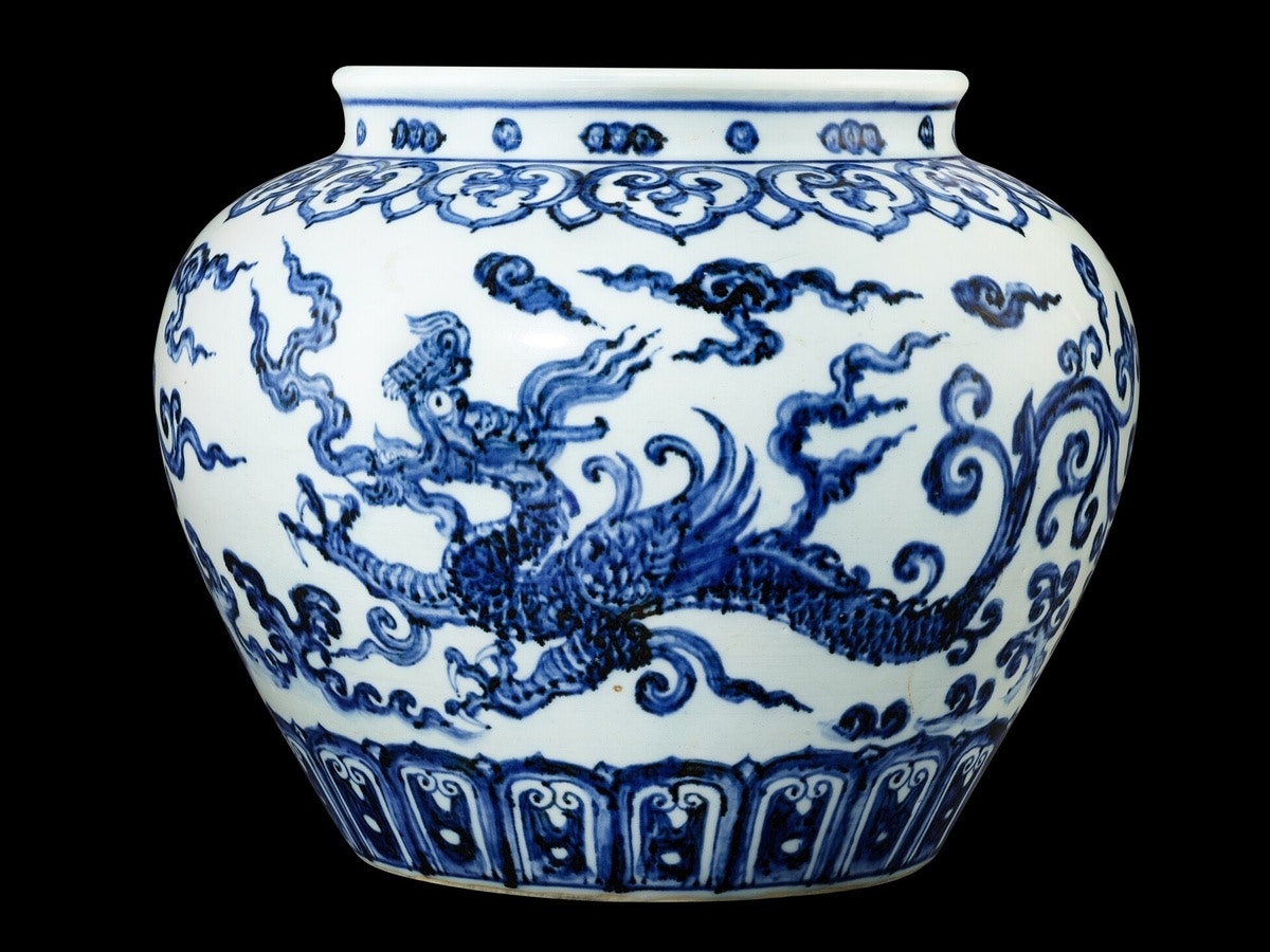 中国古美術・明洪武青花龍紋双耳瓶・青花磁・純手描き・陶芸・花瓶・文房具・置物 館蔵珍品 明 洪武年製款 古陶瓷品 青花 花卉紋罐』置物 賞物