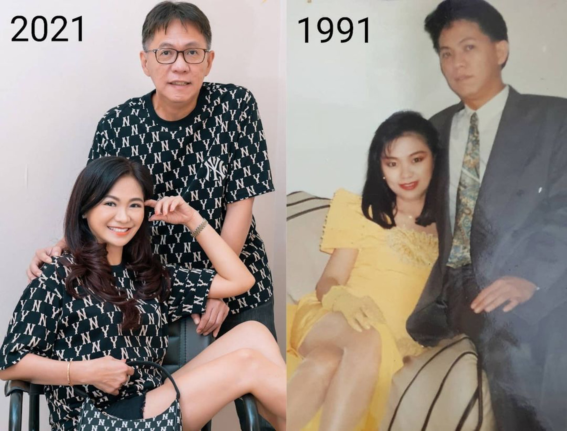 凍齡保養｜Puspa Dewi與她丈夫橫跨30年的對比照，只有丈夫在變老，她依舊年輕。（IG@puspadewihc）