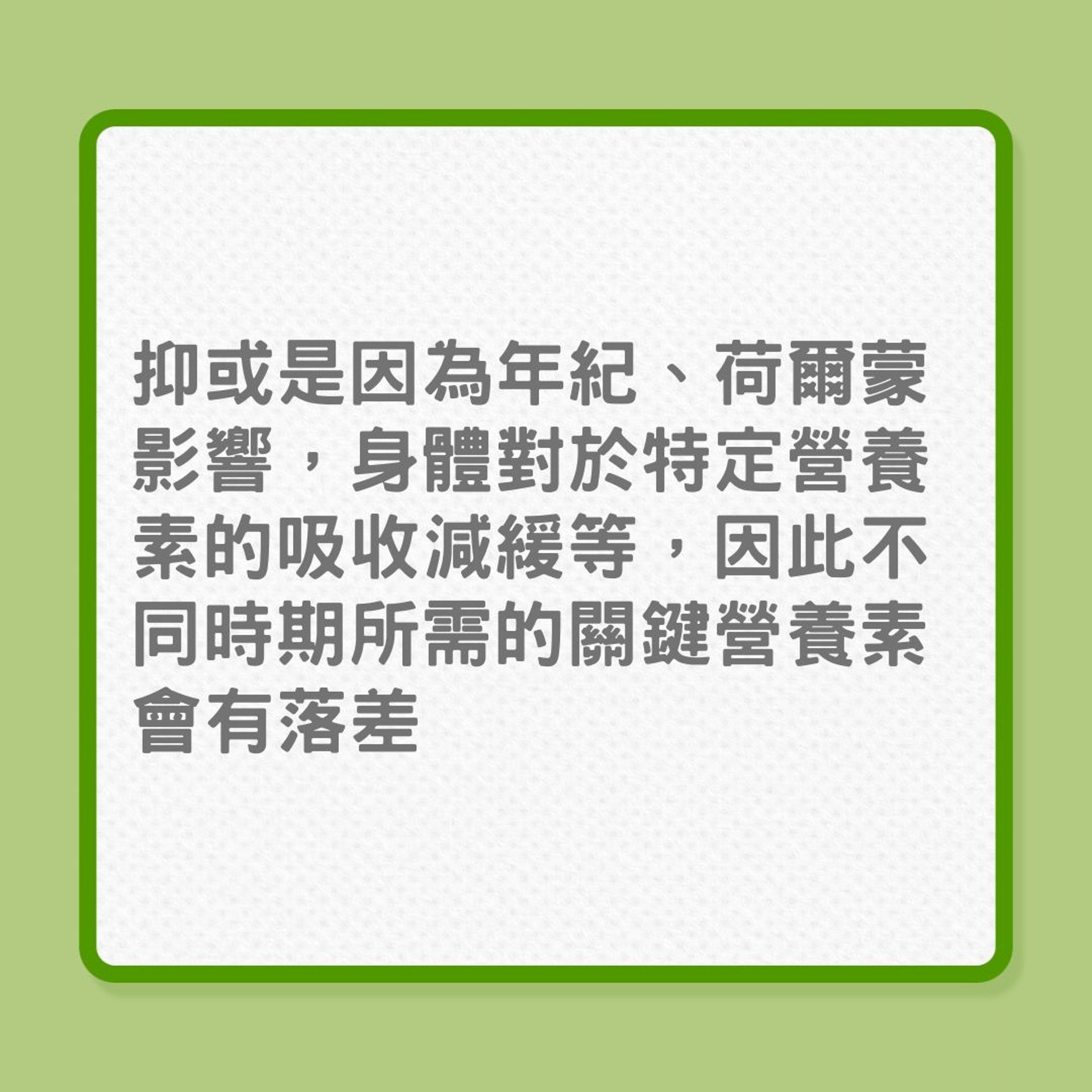 婦女健康|20、40、60歲女性,營養需要也不同! (01製圖) 婦女健康|20、40、60歲女性,營養需要也不同! (01製圖)