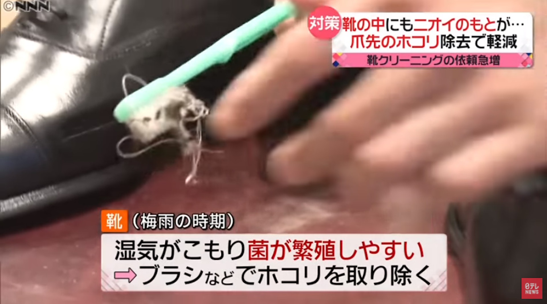 經營潔鞋專門店的四垂和幸表示鞋頭部份容易積聚塵埃、滋生細菌引致腳臭。(YouTube:@日テレNEWS 截圖) 經營潔鞋專門店的四垂和幸表示鞋頭部份容易積聚塵埃、滋生細菌引致腳臭。(YouTube:@日テレNEWS 截圖)