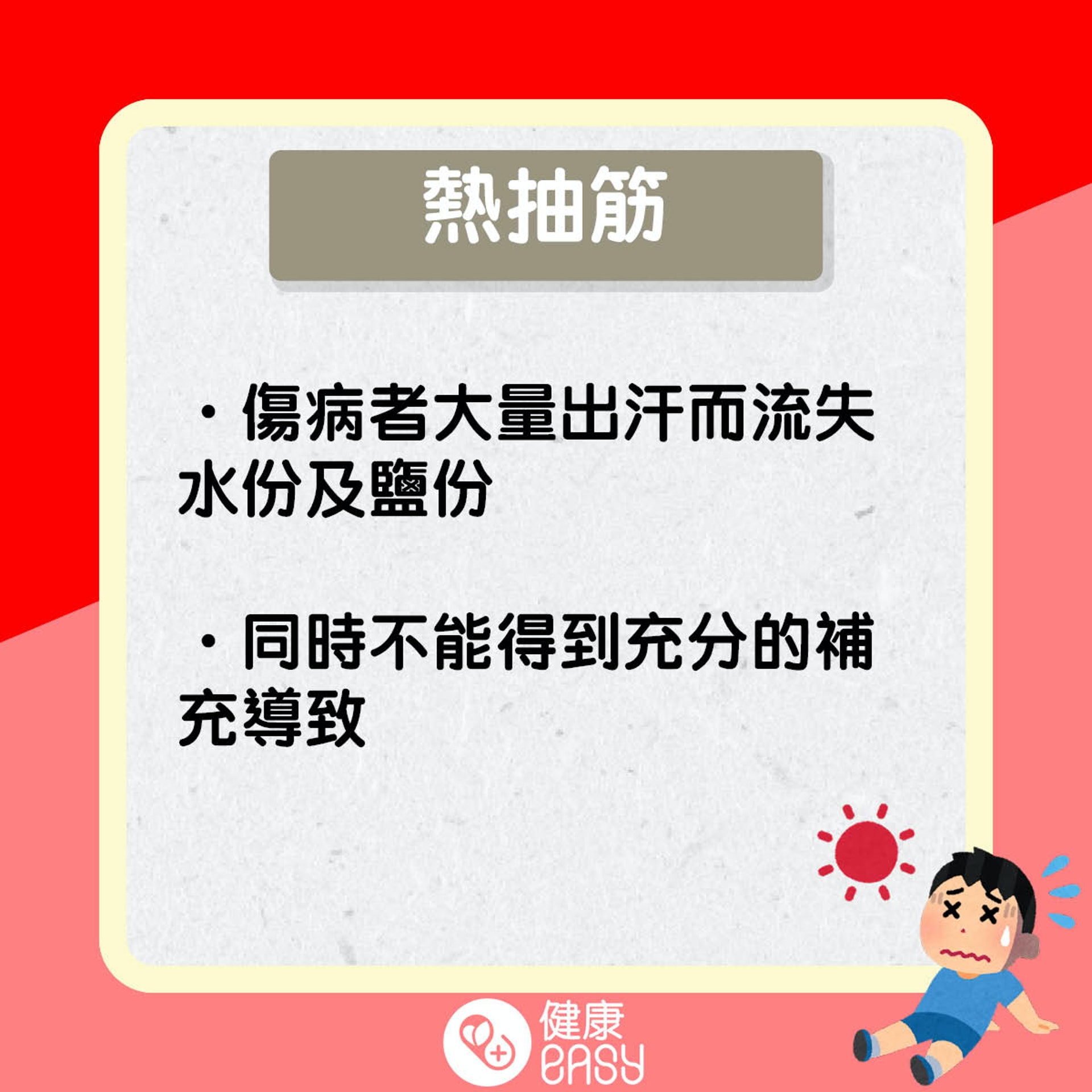 熱抽筋、熱衰竭、中暑症狀知多啲!(醫師Easy製圖) 熱抽筋、熱衰竭、中暑症狀知多啲!(醫師Easy製圖)