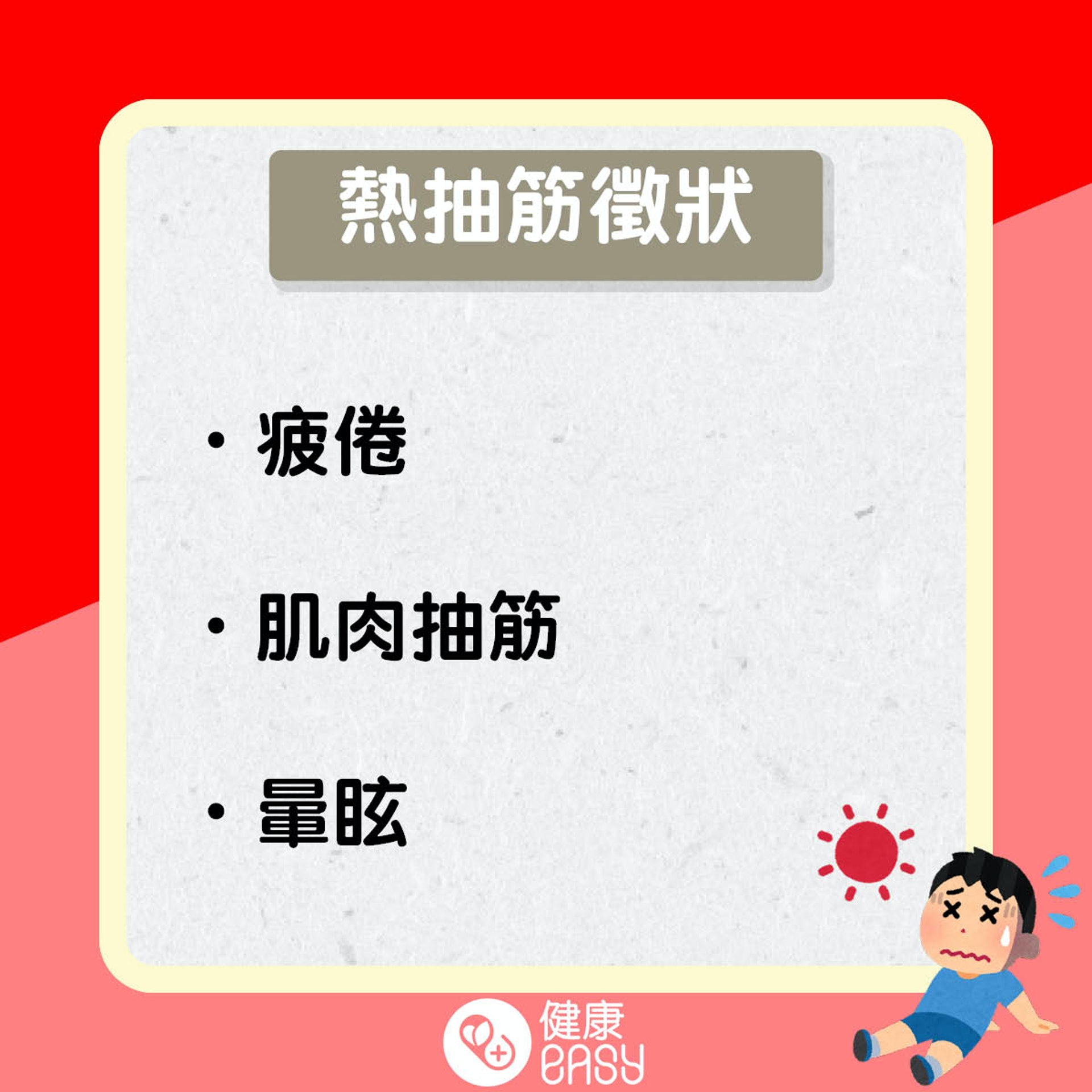 熱抽筋、熱衰竭、中暑症狀知多啲!(醫師Easy製圖) 熱抽筋、熱衰竭、中暑症狀知多啲!(醫師Easy製圖)