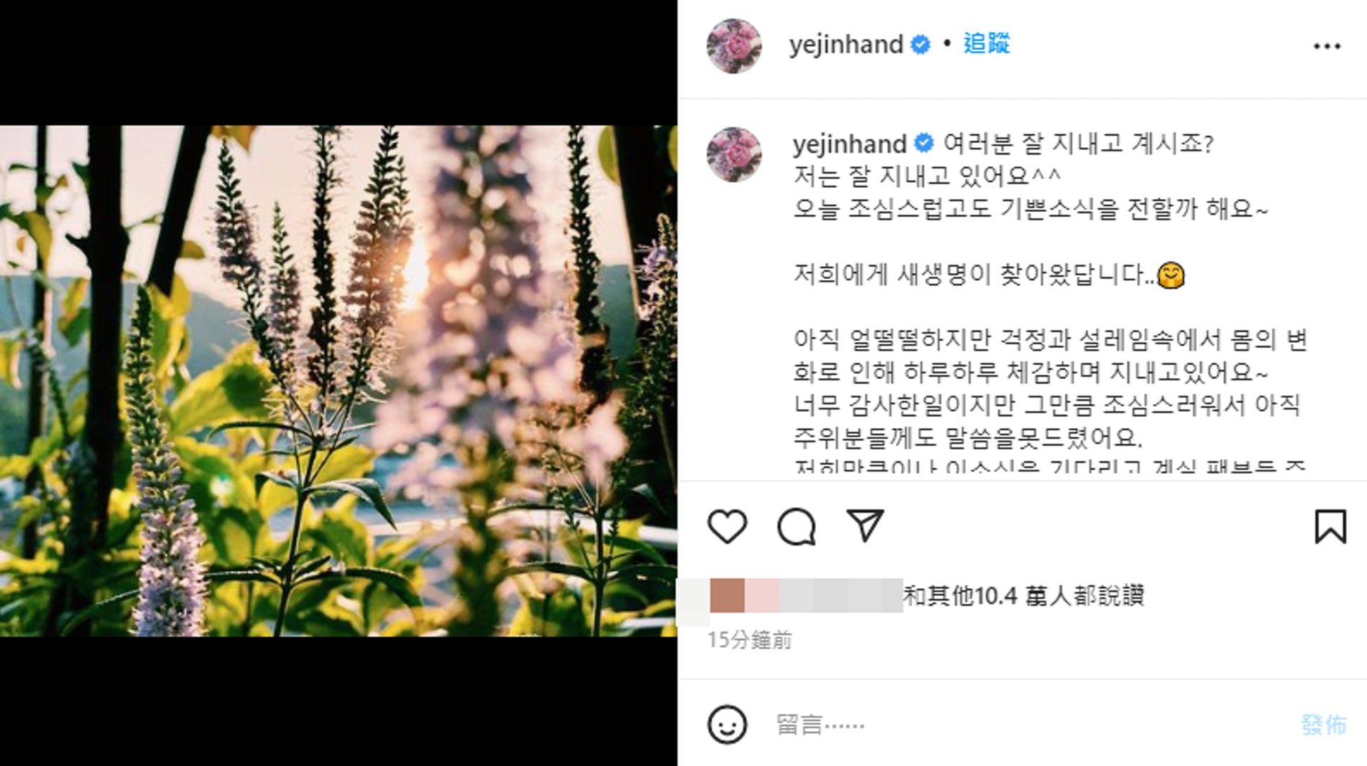 孫藝珍宣佈懷孕。(IG@yejinhand) 孫藝珍宣佈懷孕。(IG@yejinhand)