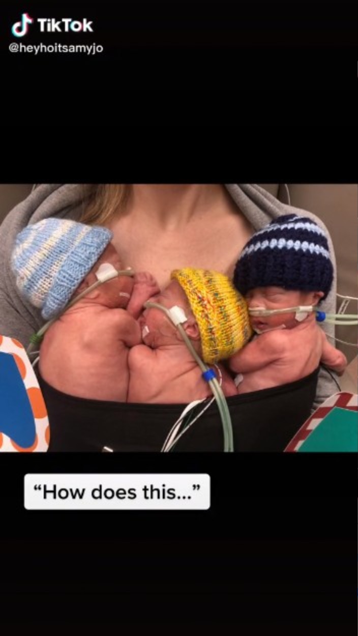 居住於美國的哈賽爾奎斯特（Hasselquist）一家，目前育有15個月大的同卵三胞胎（TikTok截圖 / @heyhoitsamyjo）