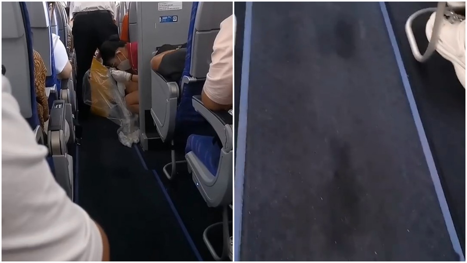 空姐需要蹲下彎腰徒手清潔機艙通道上所留下的「腳印」。(微博)