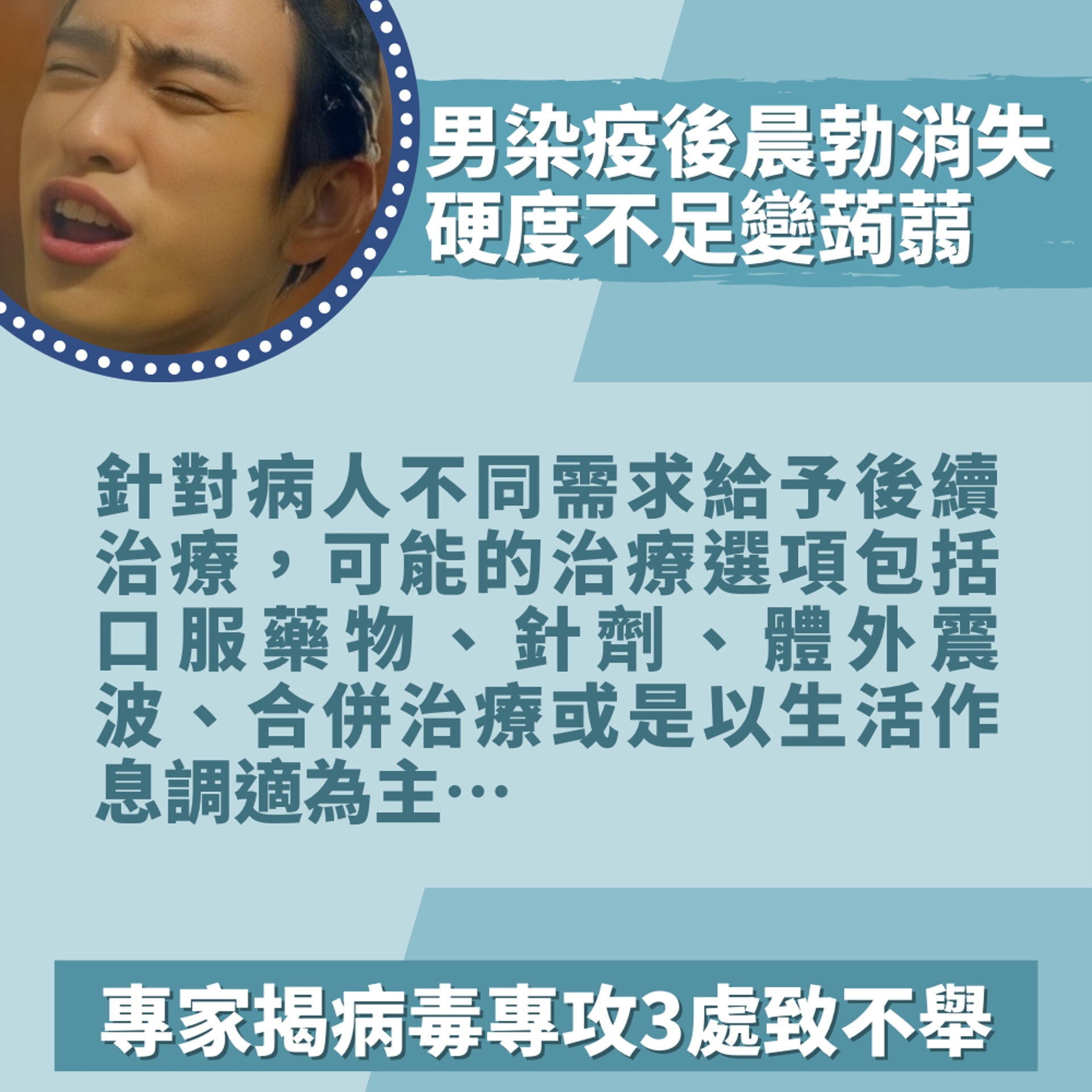 男染疫後晨勃消失硬度不足變「小蒟蒻」專家揭病毒專攻3處致不舉(01製圖/《會讀心術的那小子》劇照) 男染疫後晨勃消失硬度不足變「小蒟蒻」專家揭病毒專攻3處致不舉(01製圖/《會讀心術的那小子》劇照)