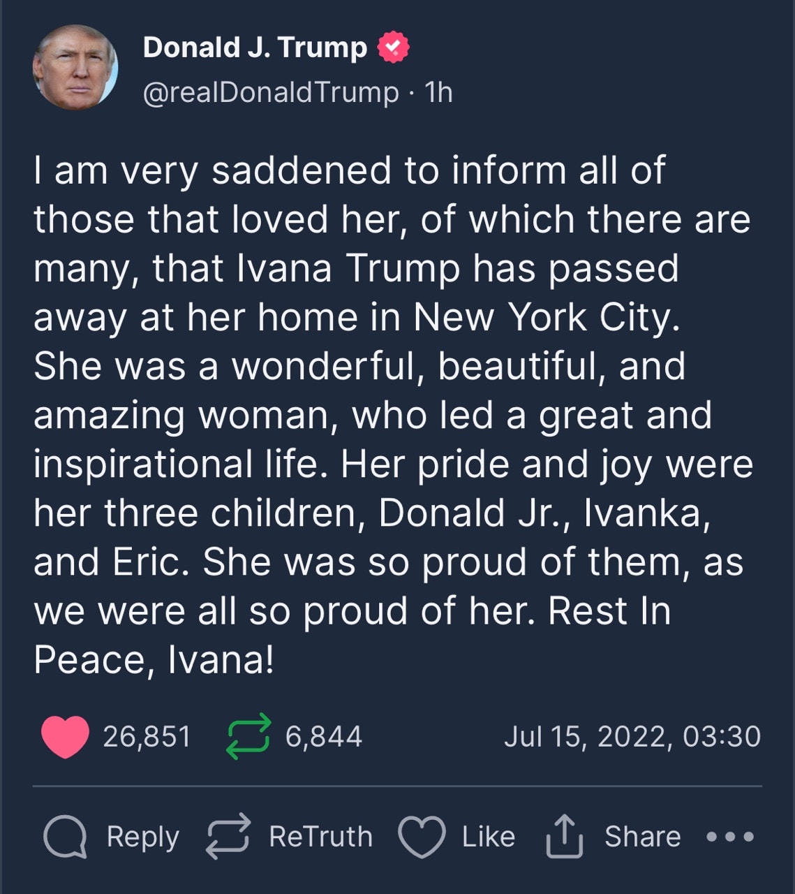 美國前總統特朗普推文截圖。（Truth Social@realDonaldTrump）