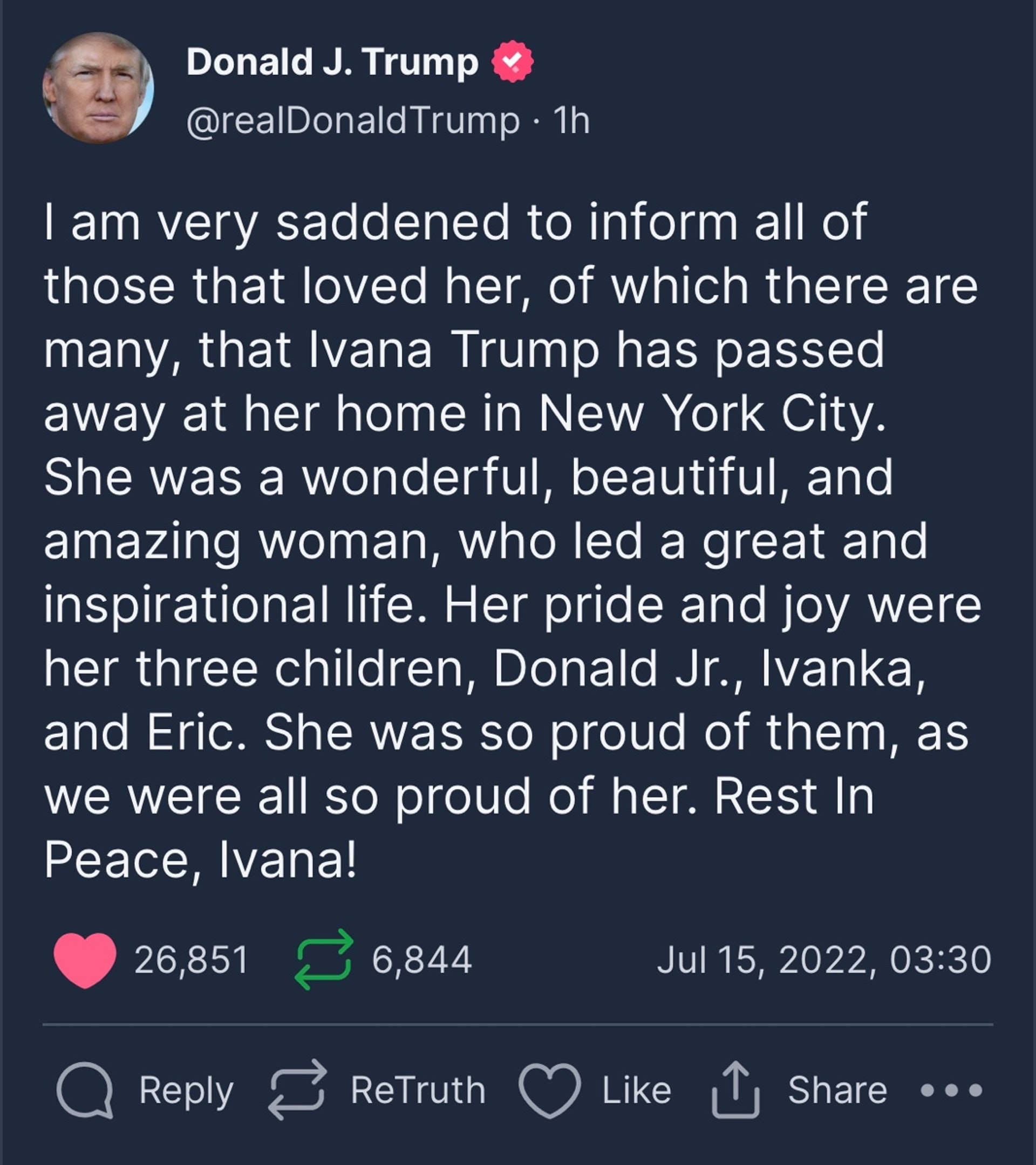 美國前總統特朗普推文截圖。(Truth Social@realDonaldTrump) 美國前總統特朗普推文截圖。(Truth Social@realDonaldTrump)