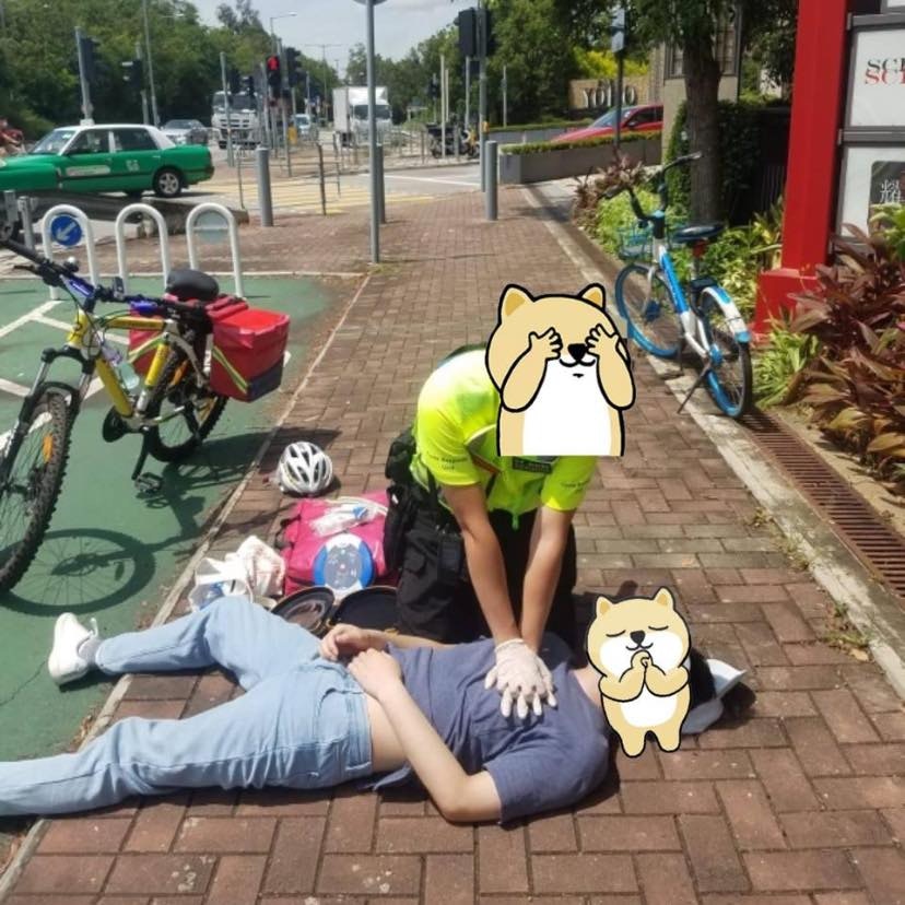 元朗有街坊跑步期間發現有人暈倒，幸現場有3名醫護人員路過，隨即為對方進行急救。（facebook群組「公務員Secret」）