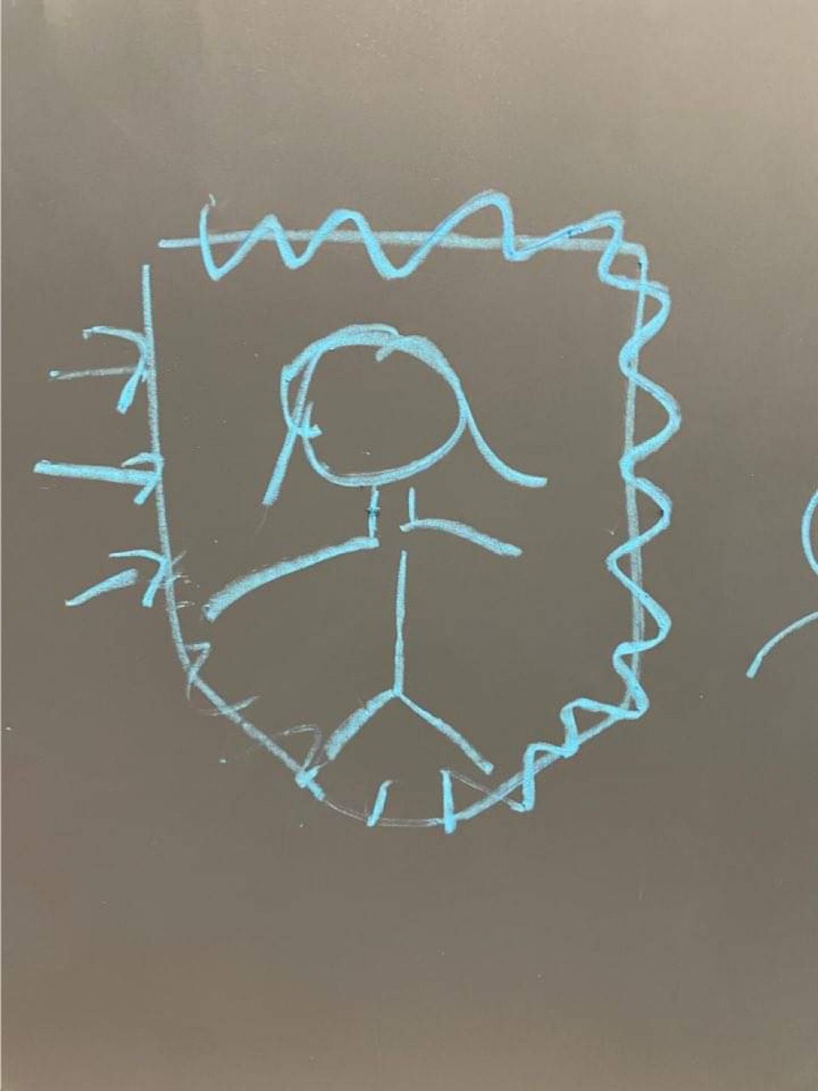 畫中有個女人在盾牌內，但有幾支箭刺破了盾牌：「今日的媽媽真係好累好唔開心，平時媽咪有盾牌保護，但你大聲對我講嘢，好似箭咁打爛了我的盾牌。」