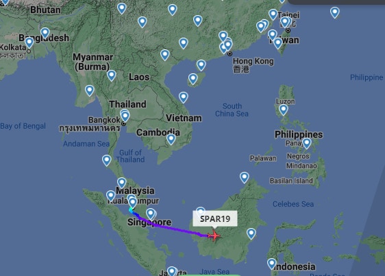 截至香港時間8月2日下午5時24分左右，「SPAR19」專機的飛行路線（FlightRadar24網站截圖）