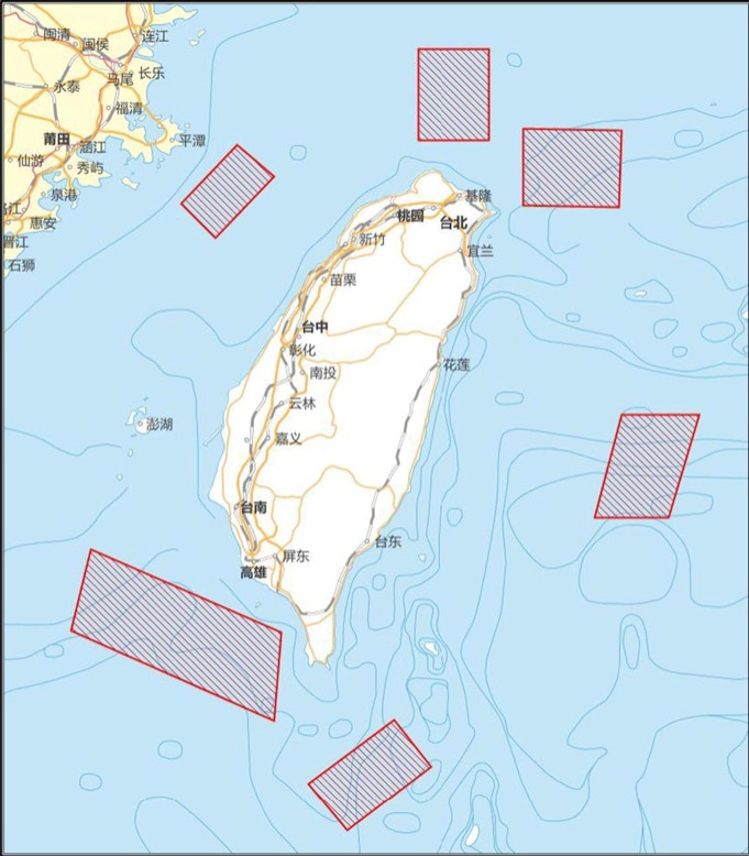 解放军将于8月4日12时至7日12时，在多个围绕台湾的海域和空域，进行重要军事演训行动，并组织实弹射击。 图为新华社发布的军演范围图。