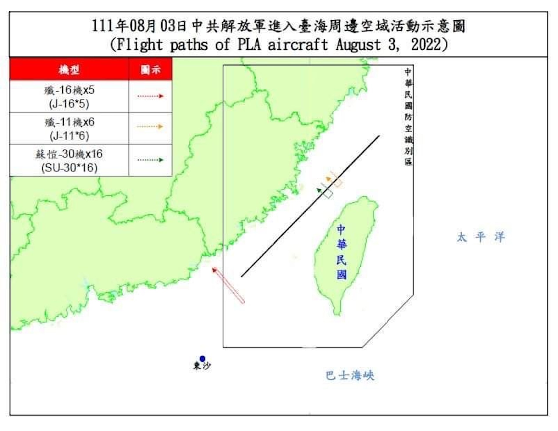 台灣軍方監測到22架次解放軍軍機跨越海峽中線。(台灣軍方提供) 台灣軍方監測到22架次解放軍軍機跨越海峽中線。(台灣軍方提供)