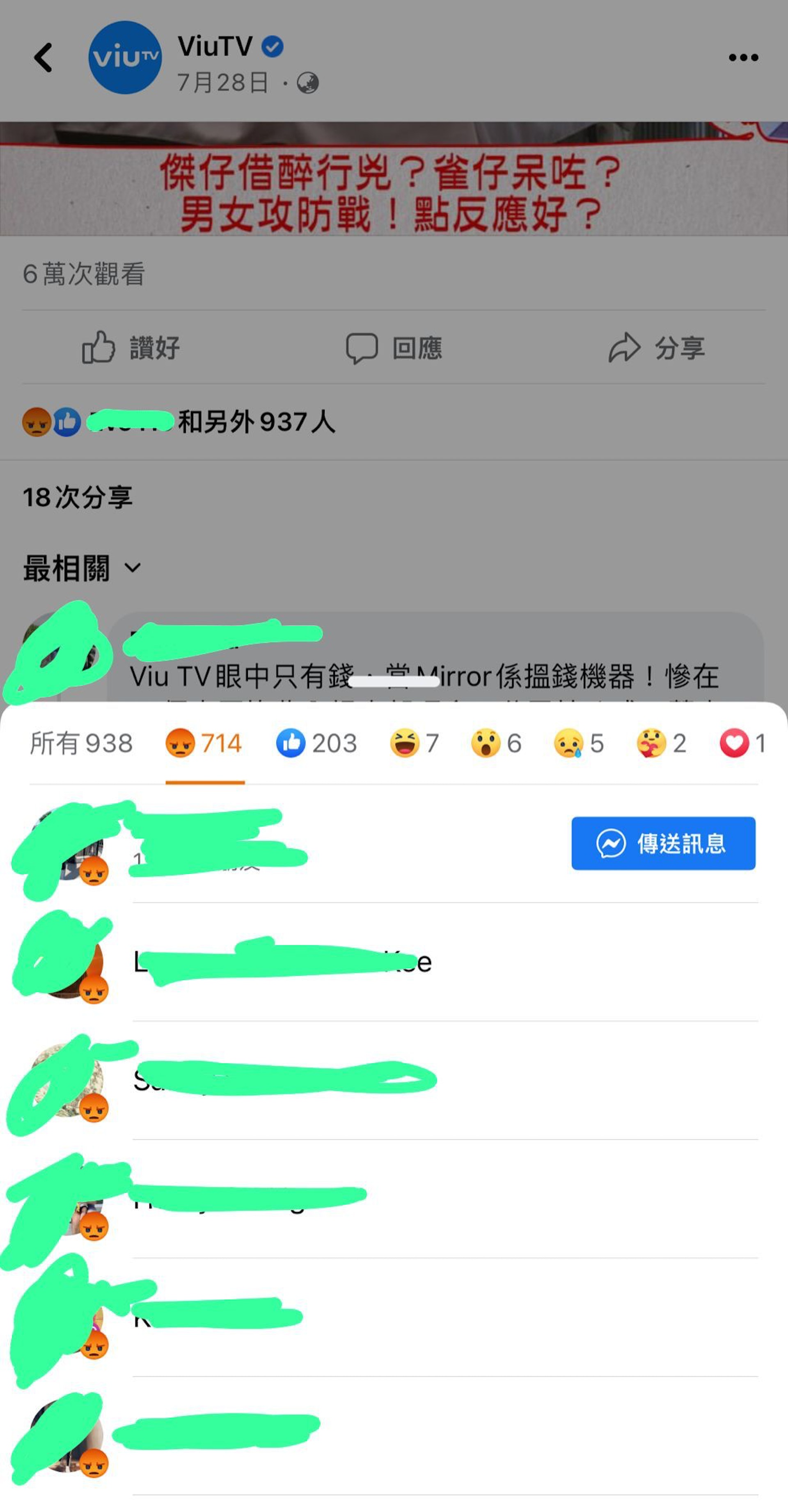 以往ViuTV FB每個帖文幾乎清一色心心同like,但自從MIRROR演唱會事件後,帖文下出現很多負評,勁被網民狂派嬲嬲。最新一個帖文有多達7百多個嬲嬲,在ViuTV 「主場」實屬罕見。 以往ViuTV FB每個帖文幾乎清一色心心同like,但自從MIRROR演唱會事件後,帖文下出現很多負評,勁被網民狂派嬲嬲。最新一個帖文有多達7百多個嬲嬲,在ViuTV 「主場」實屬罕見。