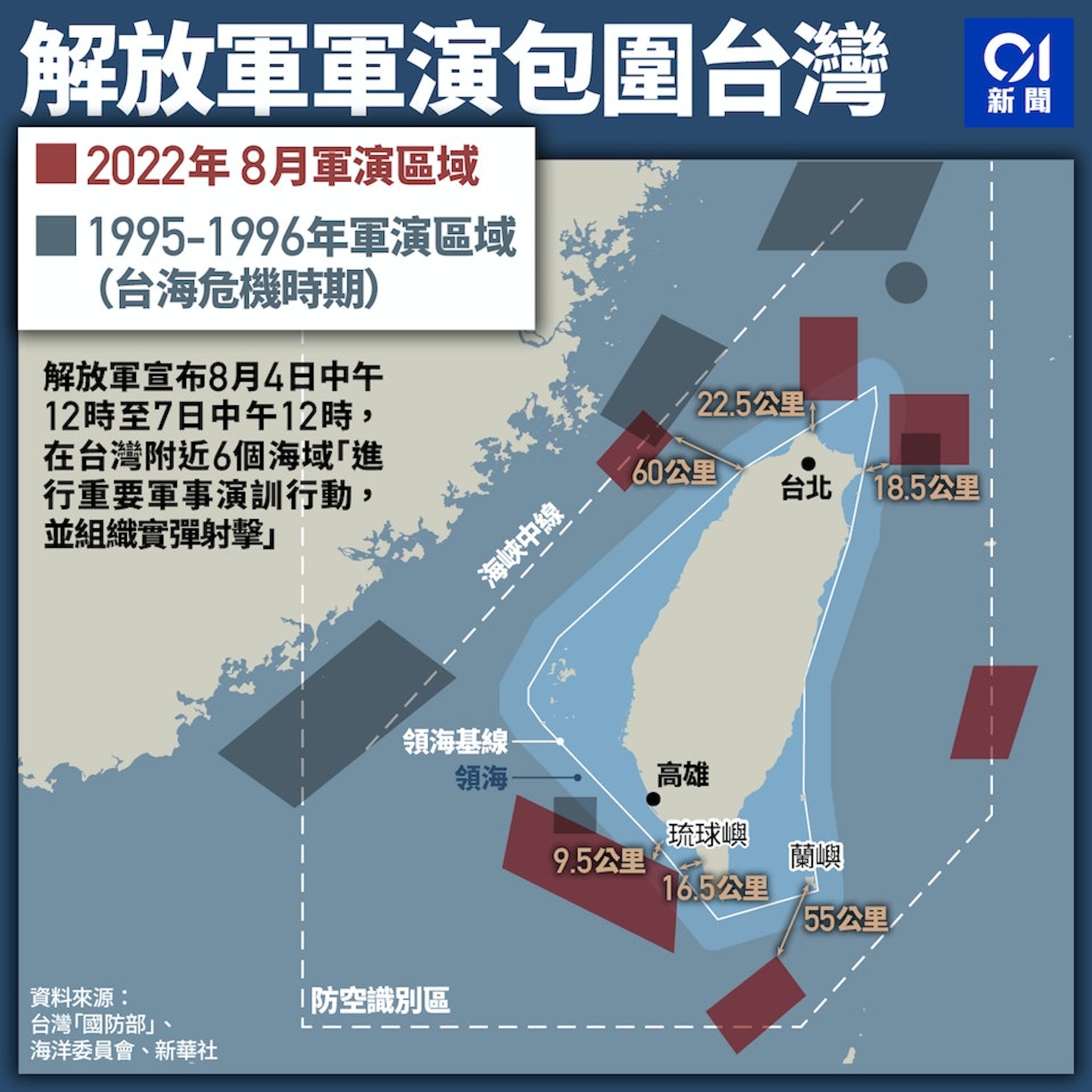 解放軍自8月4日12時展開一連三天的「圍台」軍演。(香港01製圖) 解放軍自8月4日12時展開一連三天的「圍台」軍演。(香港01製圖)