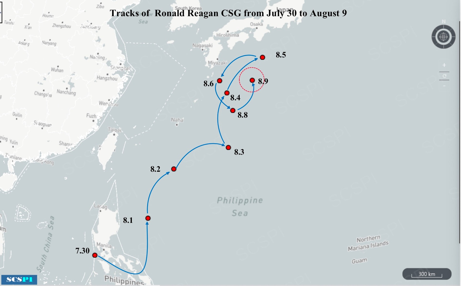 圖為中國研究組織南海戰略態勢感知計劃8月9日發布的圖片,顯示「列根號」幾乎是在日本外海轉了一個圈。(Twitter@SCS_PI) 圖為中國研究組織南海戰略態勢感知計劃8月9日發布的圖片,顯示「列根號」幾乎是在日本外海轉了一個圈。(Twitter@SCS_PI)