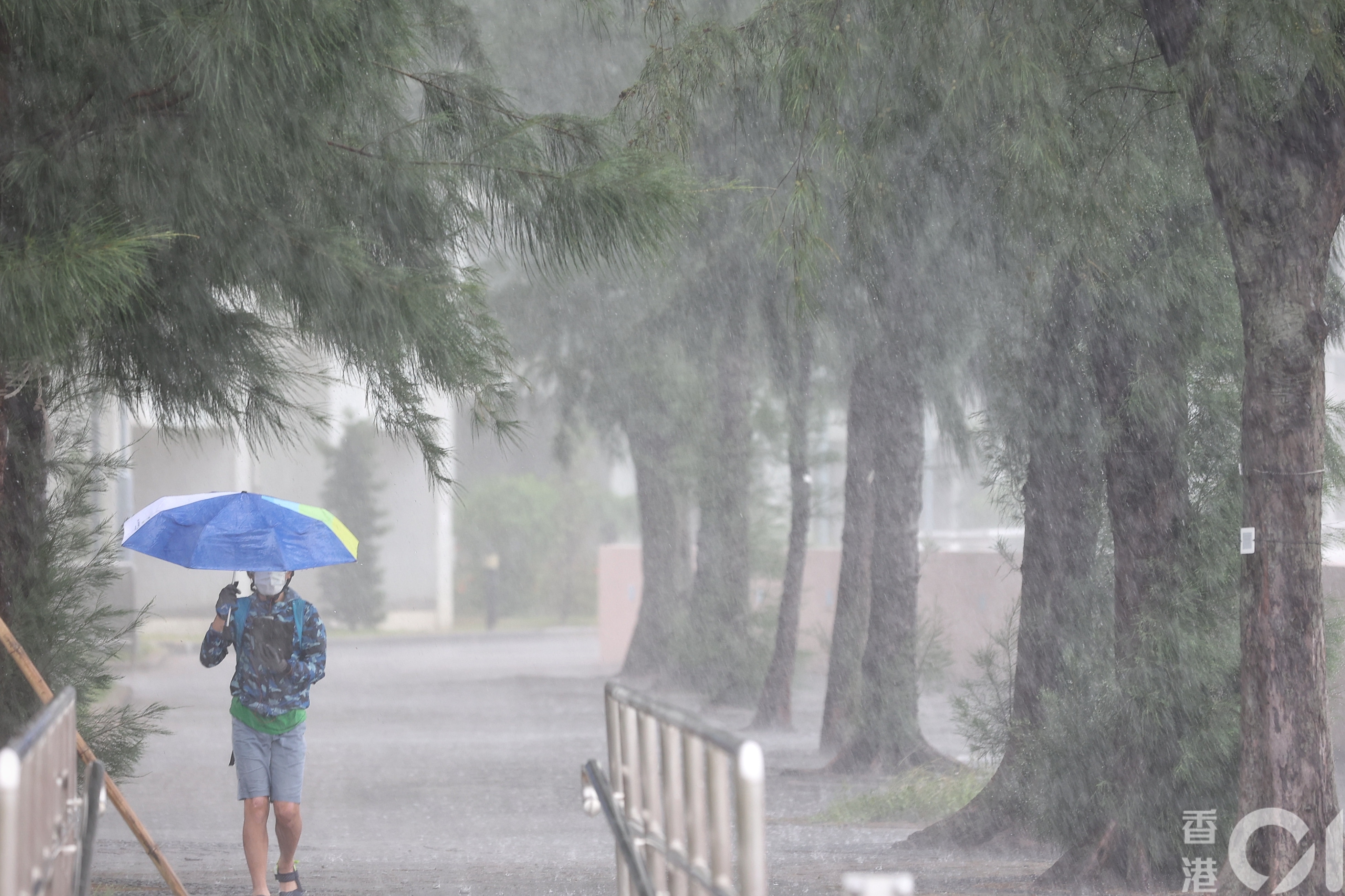热带气旋「马鞍」袭港，8月25日上午8号风球生效期间，杏花邨横风横雨。（李泽彤摄）