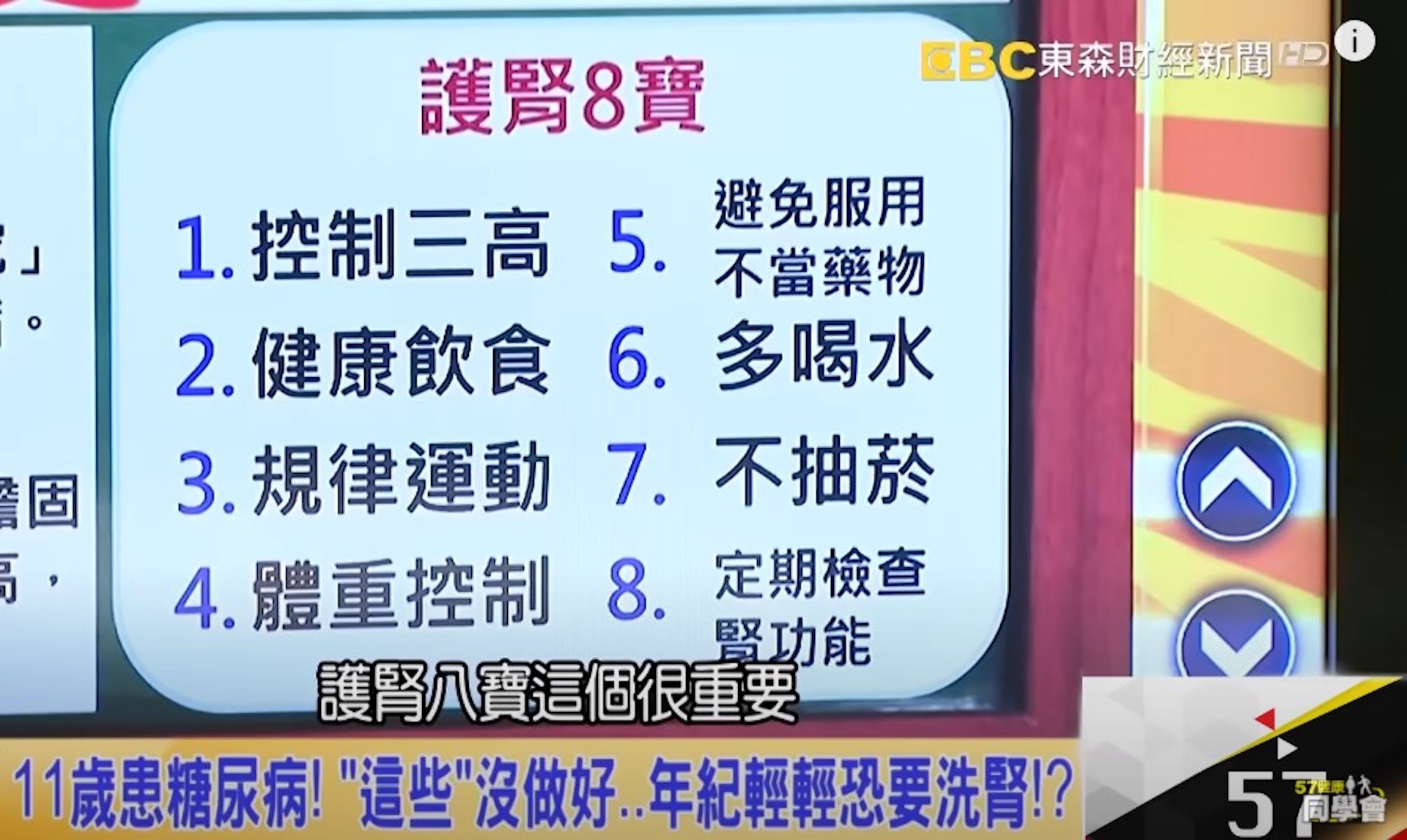 蕭敦仁提出的「護腎8寶」包括體重管理、勿亂服藥，及每年定期檢查腎功能等。（《健康同學會》影片截圖）
