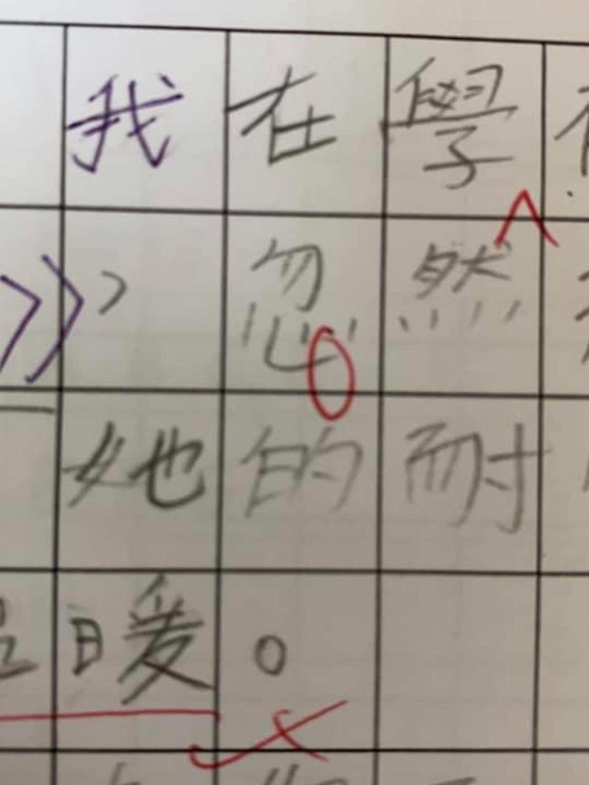 同一篇作文中有多個「心」字被圈起。 同一篇作文中有多個「心」字被圈起。