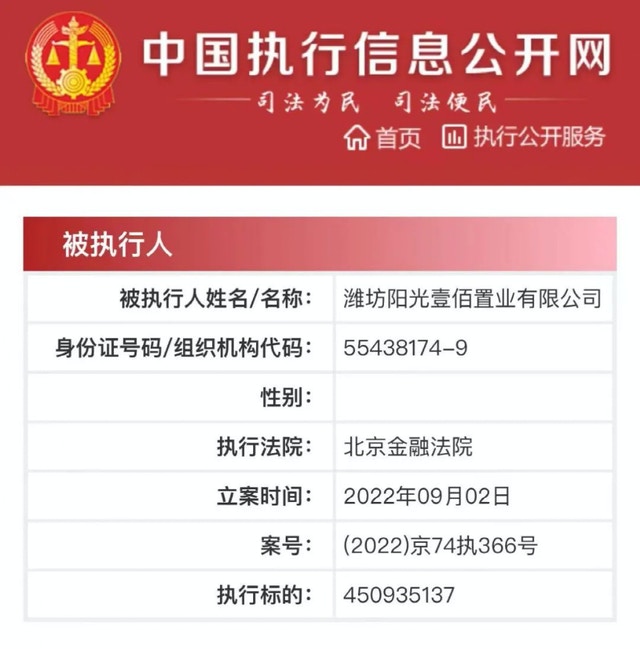麗江雪山投資有限責任公司、陽光壹佰置業集團有限公司、濰坊陽光壹佰置業有限公司新增被執行人信息，執行標的約4.5億，執行法院為北京金融法院。（中國執行信息公開網）