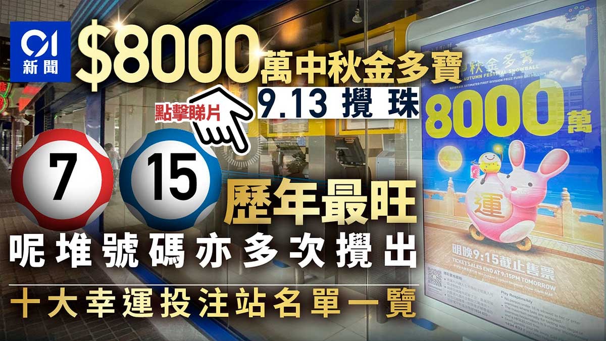 8000萬六合彩中秋金多寶9.13攪珠 7、15最旺 最幸運投注站一覽