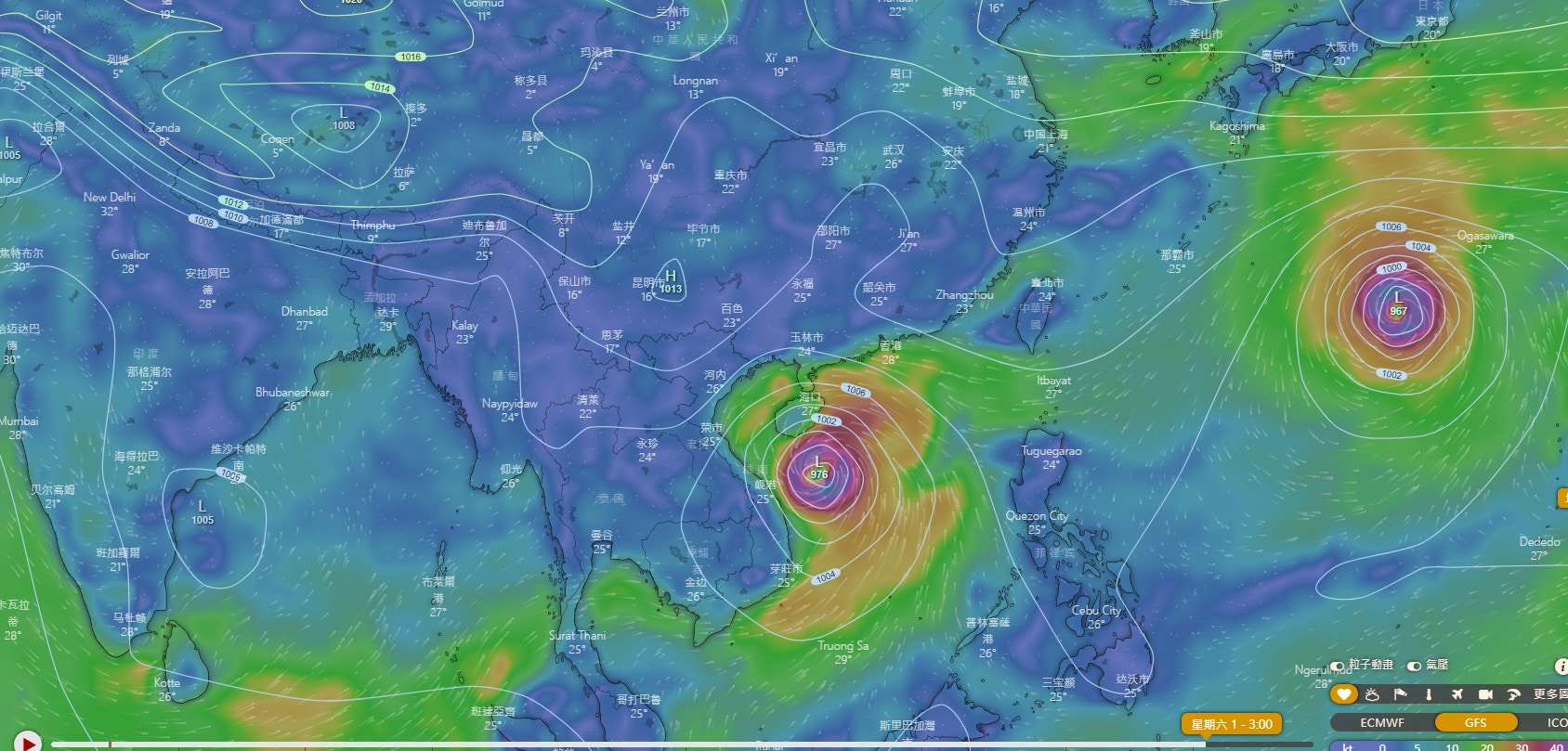 GFS预测，低压区周日于菲律宾以东逐渐发展，一直向西移动，最快下周四南海有热带气旋形成。预测路径趋向海南岛。图为下周六(1/10)预测。（网页Windy截图）