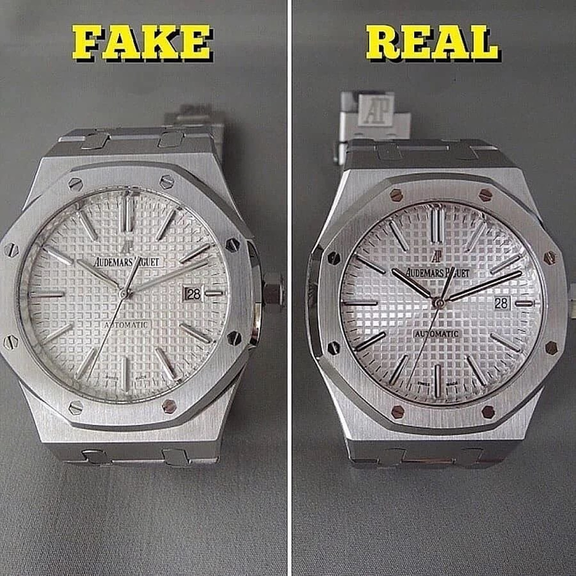 首先部落客放了兩只銀面皇家橡樹大三針的照片,如果不看圖上的「FAKE」和「REAL」字樣,第一時間實在也不容易看出誰是真誰是假。(IG@wristenthusiast) 首先部落客放了兩只銀面皇家橡樹大三針的照片,如果不看圖上的「FAKE」和「REAL」字樣,第一時間實在也不容易看出誰是真誰是假。(IG@wristenthusiast)