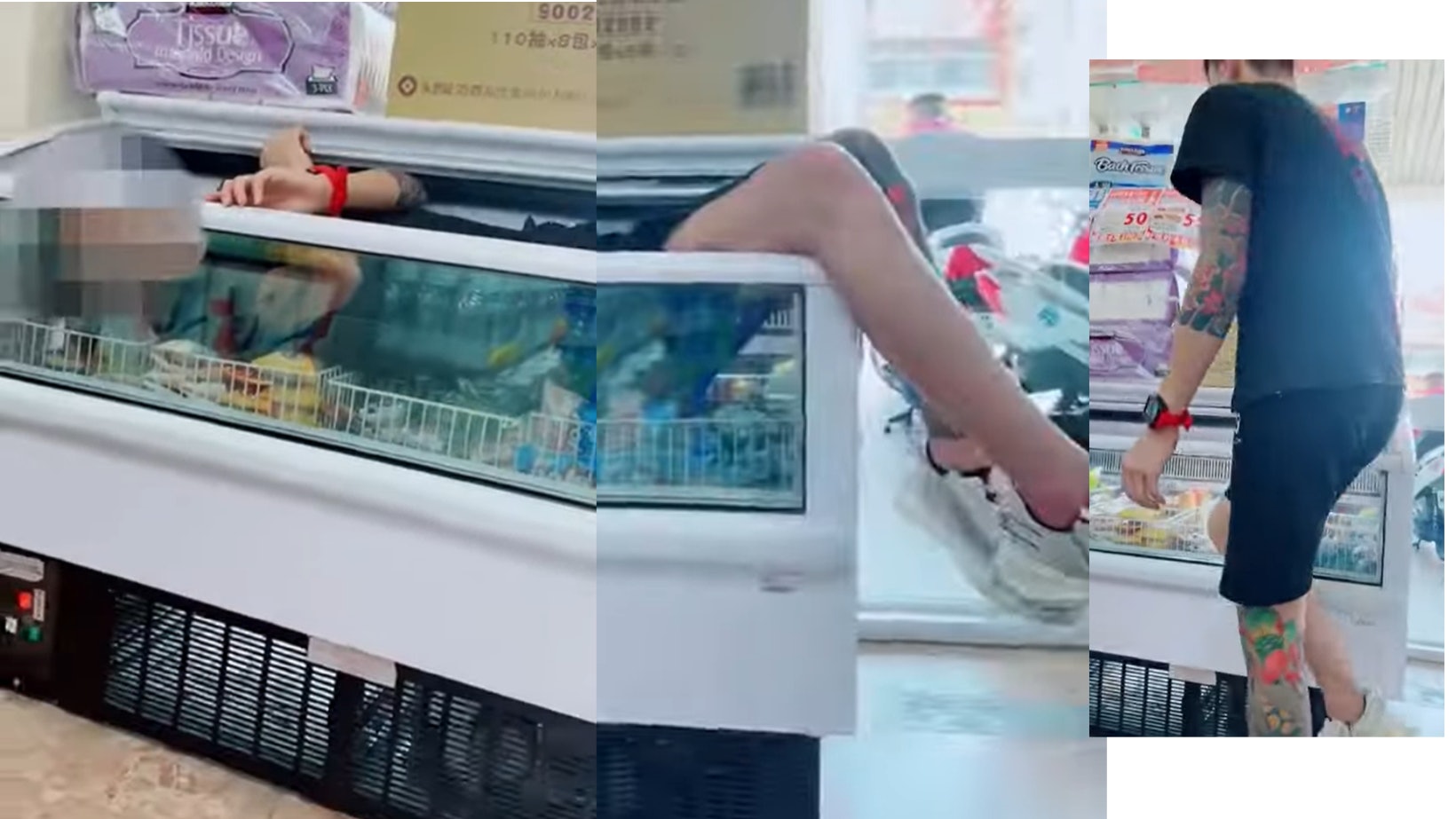 為在抖音爆紅 紋身男躺進便利店雪櫃拍片 產品全報銷店家將索償 為在抖音爆紅 紋身男躺進便利店雪櫃拍片 產品全報銷店家將索償