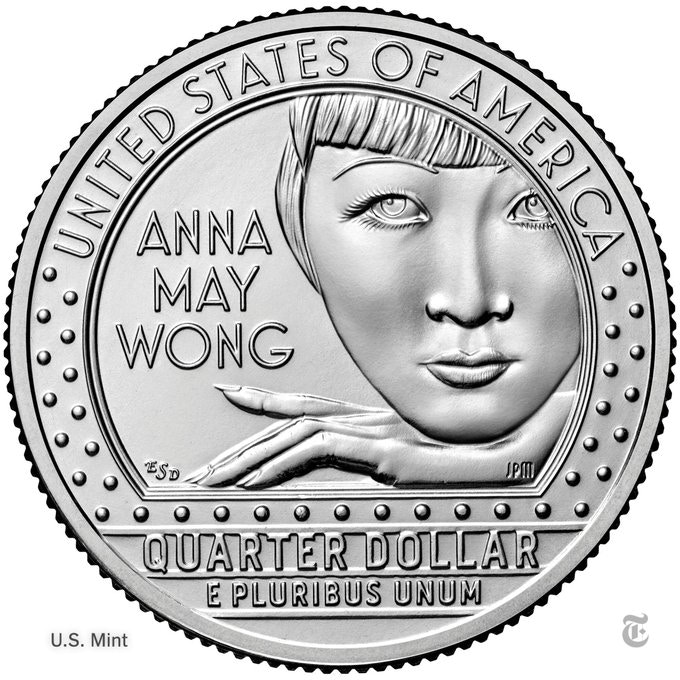 NBC新闻报导，作为美国杰出女性登上25分硬币计划的一环，被视为荷里活第一位华裔美籍电影明星的黄柳霜（Anna May Wong）成为首名出现在美国货币的亚裔美国人。（Twitter@纽约时报）