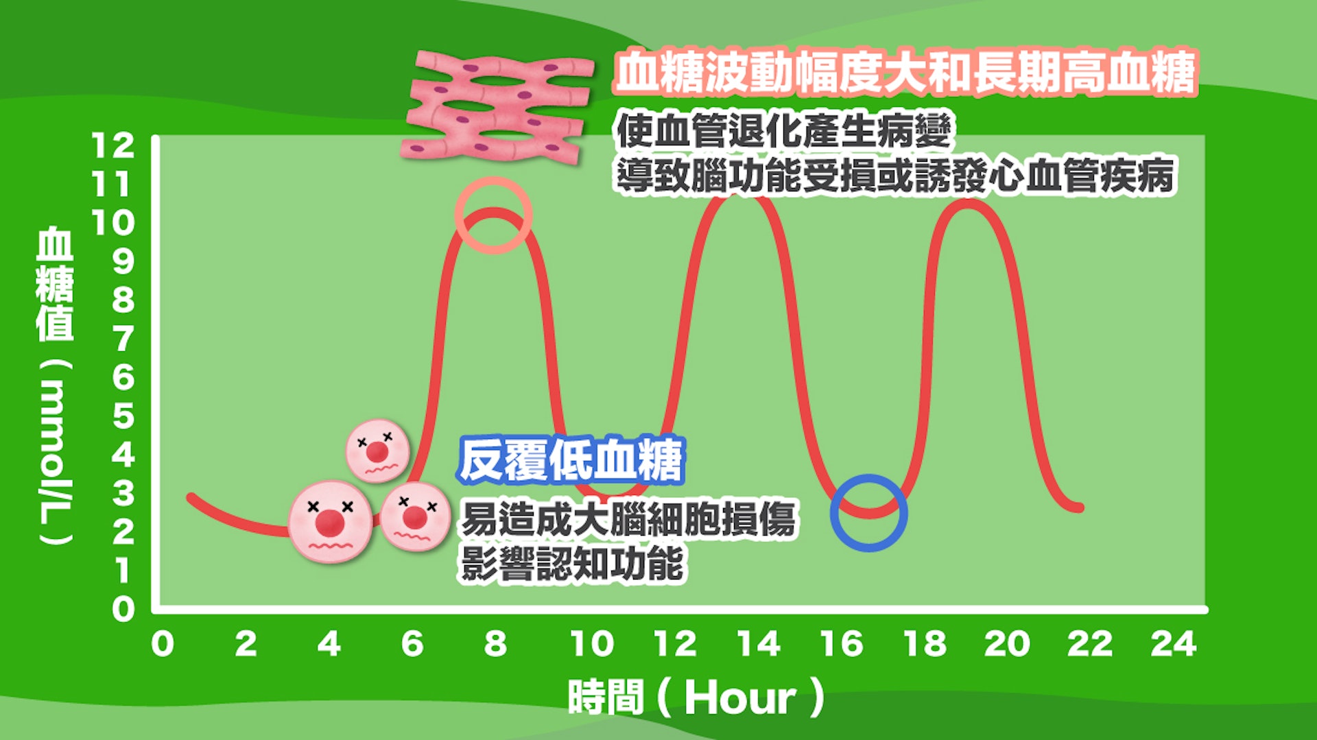 血糖長期忽高忽低會對健康構成很大風險。（圖片：醫師Easy製圖）