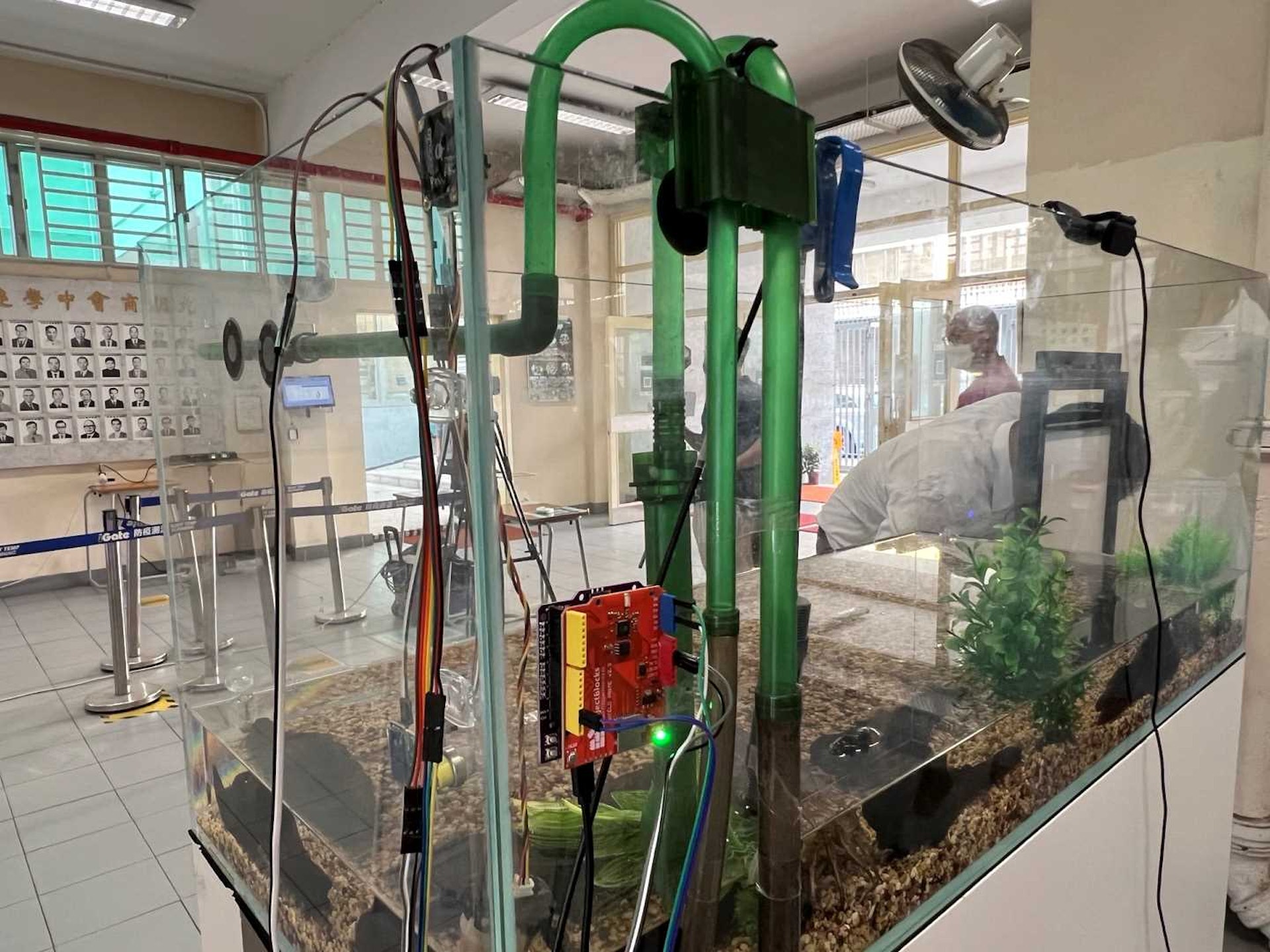 團隊設立AI實體裝置於模擬水產養殖場的魚缸外。(翁曼琛攝) 團隊設立AI實體裝置於模擬水產養殖場的魚缸外。(翁曼琛攝)