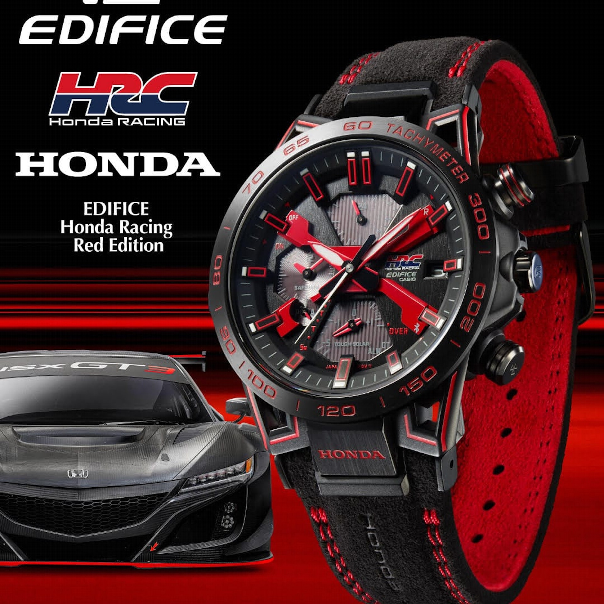 EQB-2000HR採用象徵HONDA賽車精神的鮮紅色原廠烤漆細節,搭配IP處理黑色錶殼。(CASIO官網) EQB-2000HR採用象徵HONDA賽車精神的鮮紅色原廠烤漆細節,搭配IP處理黑色錶殼。(CASIO官網)