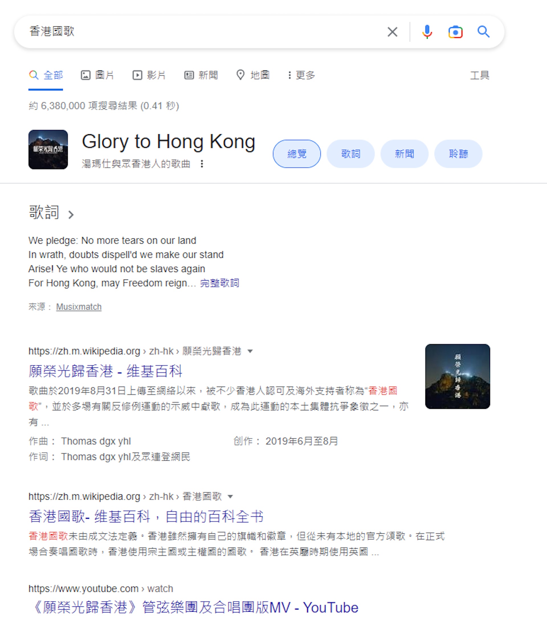 11月25日晚上在Google搜尋「香港國歌」,最前列仍是《願榮光歸香港》一苗。(Google截圖) 11月25日晚上在Google搜尋「香港國歌」,最前列仍是《願榮光歸香港》一苗。(Google截圖)